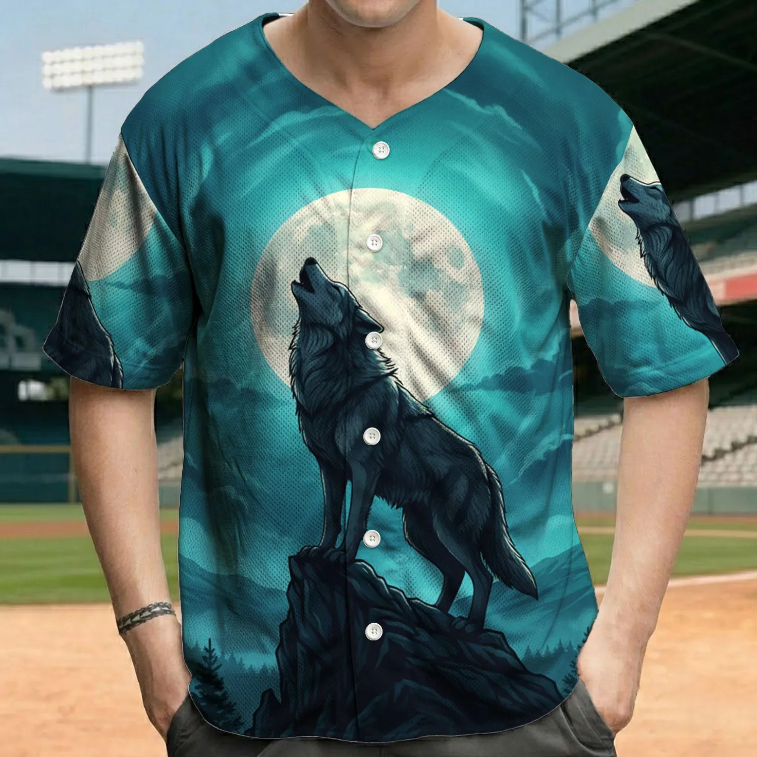 Dark Grey Wolf Howling Full Moon Mountain - Wildlife Lover Gift for Wolf Lovers Baseball Jersey - 1