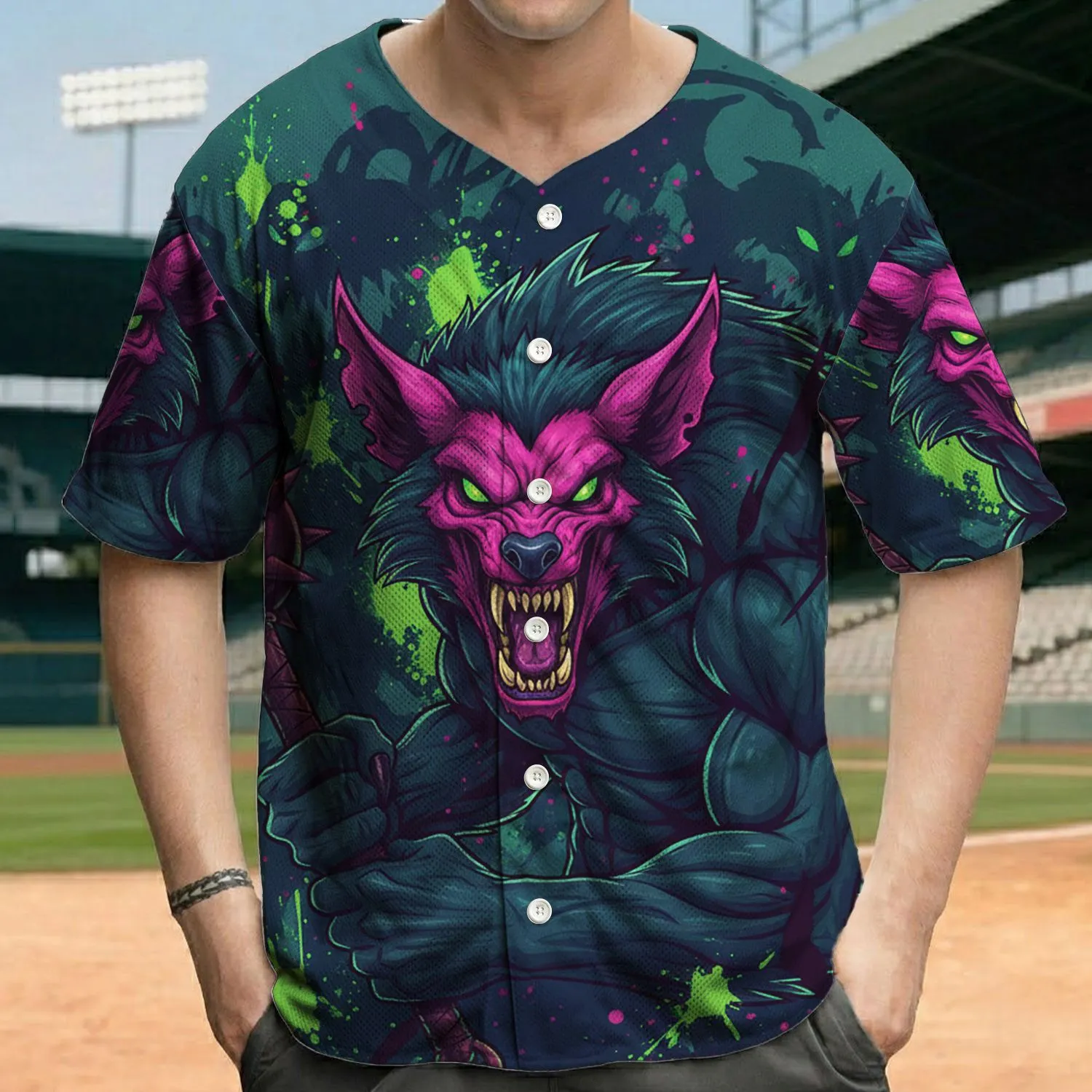 Werewolf Creature Magenta Fur Green Eyes Purple Mace Monster Forms - Fantasy Fan Gift Baseball Jersey - 1