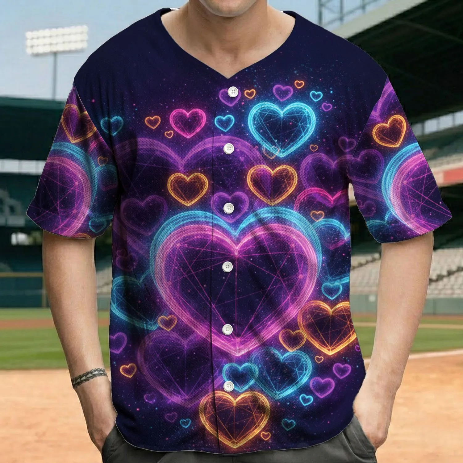 Vibrant Luminous Wireframe Neon Hearts Cosmic Glow Stars Bokeh - Party Wear Gift Baseball Jersey - 1