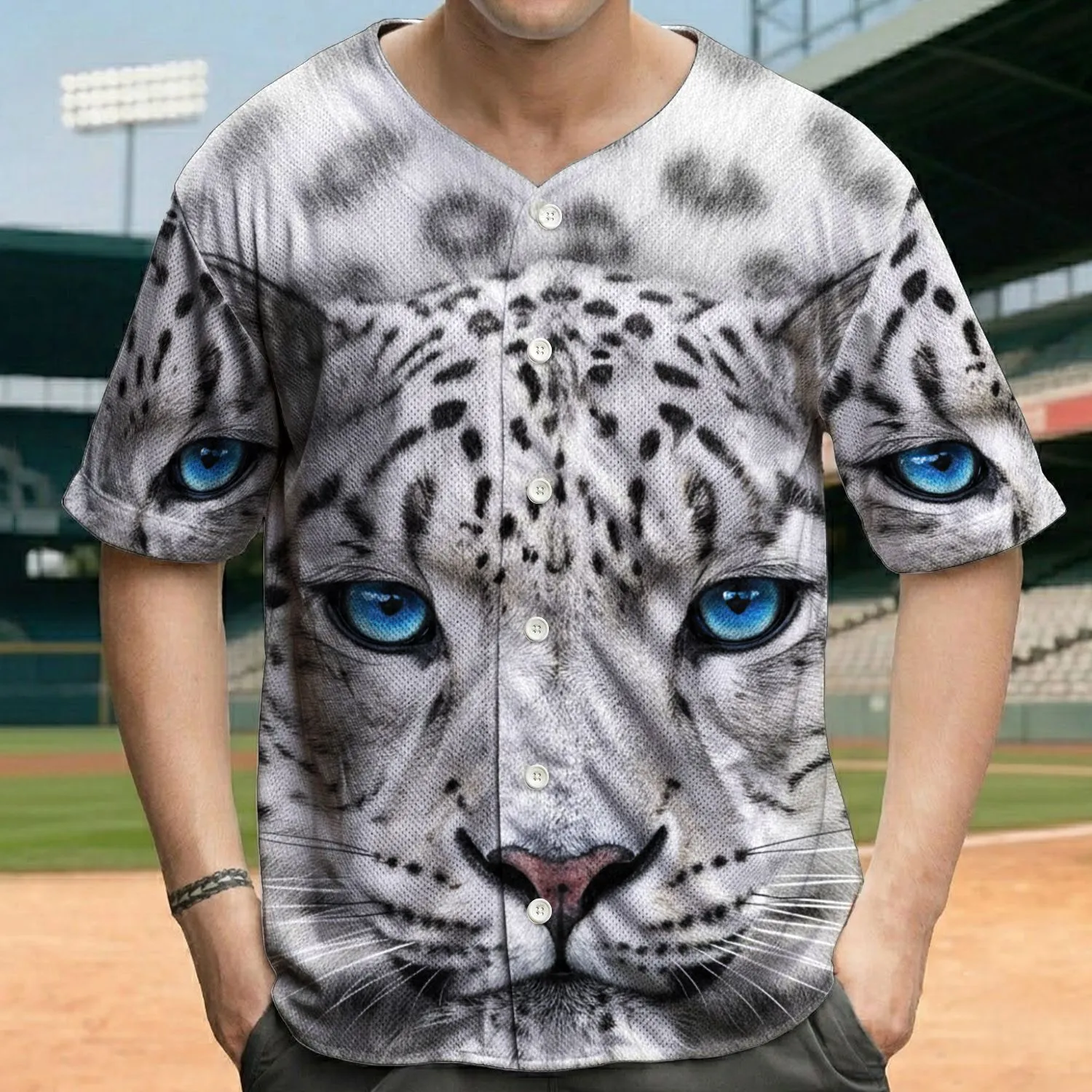 Majestic Snow Leopard Face Piercing Blue Eyes Fur Texture Black Spots - Wildlife Lover Gift Baseball Jersey - 1