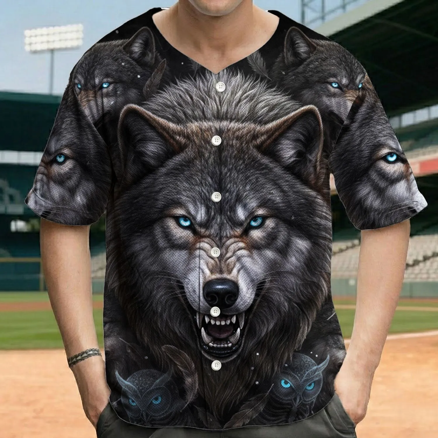 Snarling Grey Wolf Pack Wild Feathers Ethereal Owl Spirits - Wildlife Lover Gift Baseball Jersey - 1