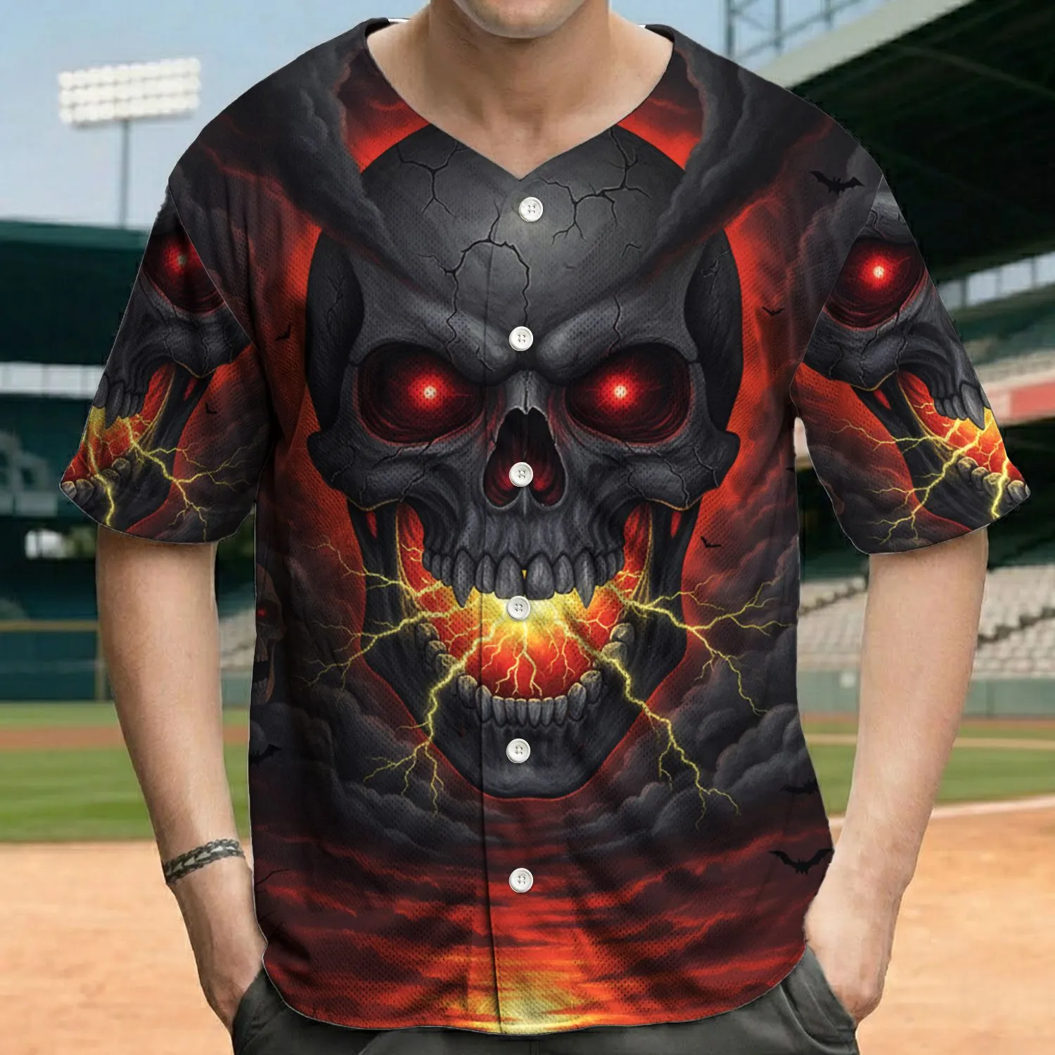 Menacing Cracked Skull Glowing Crimson Eyes Lightning - Gothic Style Wear for Skull Lover Baseball Jersey - 1