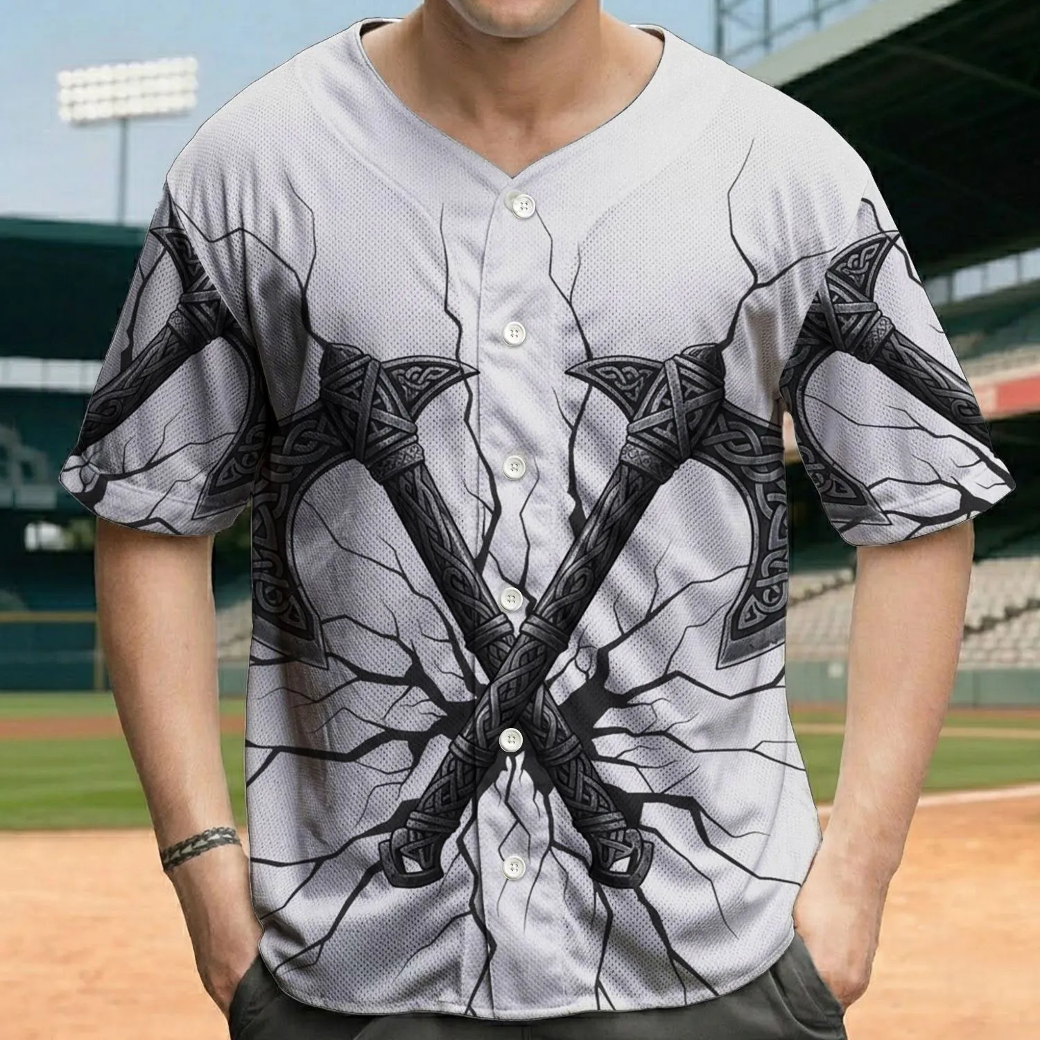Ancient Nordic Viking Axes Celtic Knotwork Cracked Surface - Dark Fantasy Lover Gift Baseball Jersey - 1