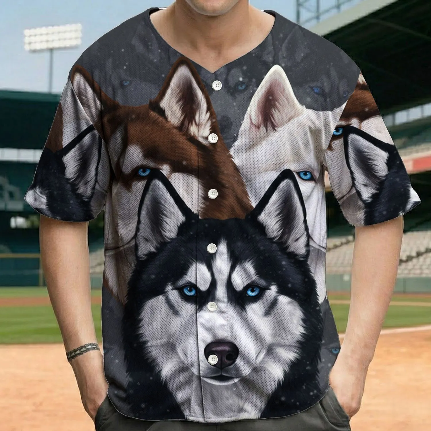 Black White Brown Husky Pack Ice Blue Eyes Deep Charcoal Background - Husky Lover Gift Baseball Jersey - 1