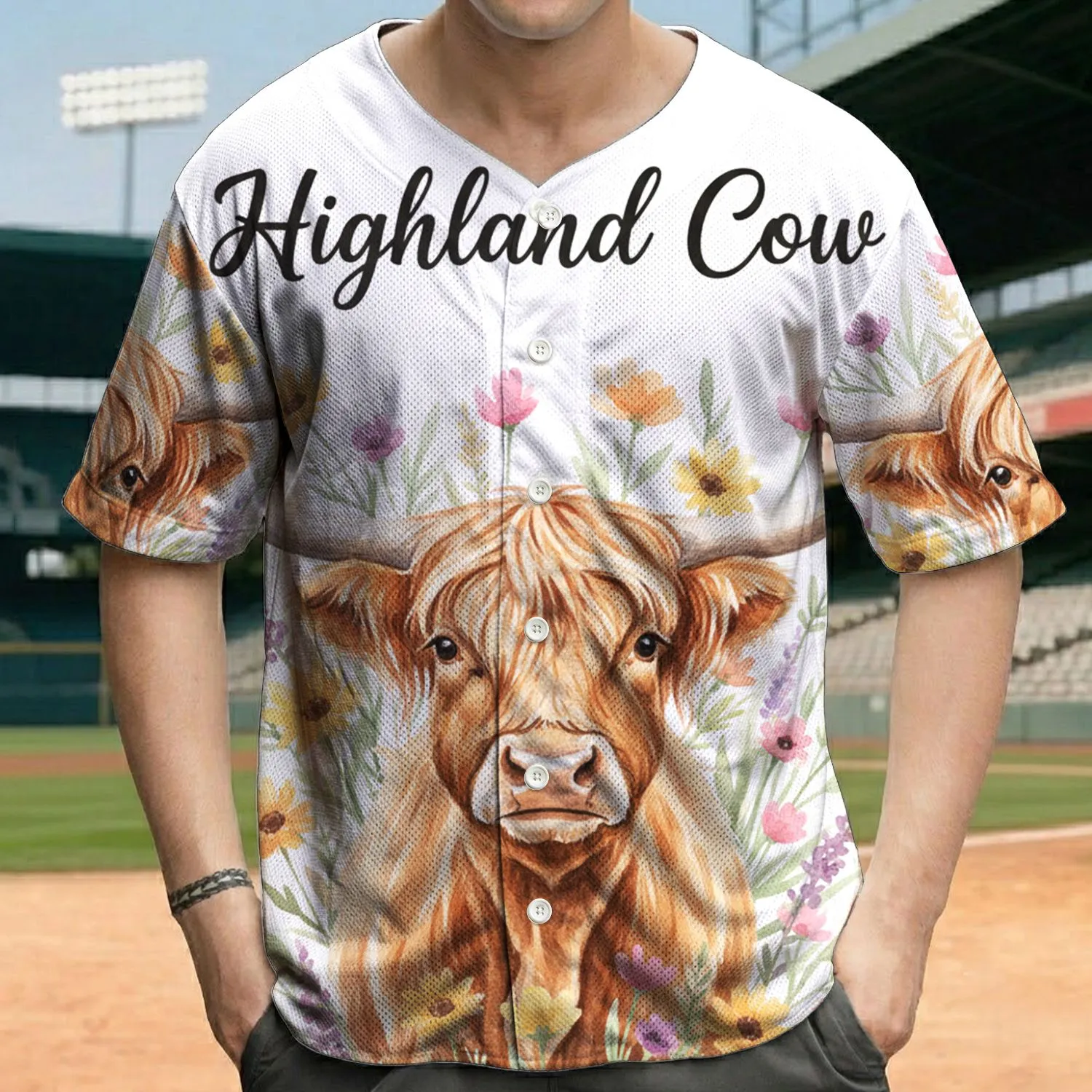 Highland Cow Wildflower Meadow - Farmhouse Home Decor Gift for Cow Lover Baseball Jersey - 1