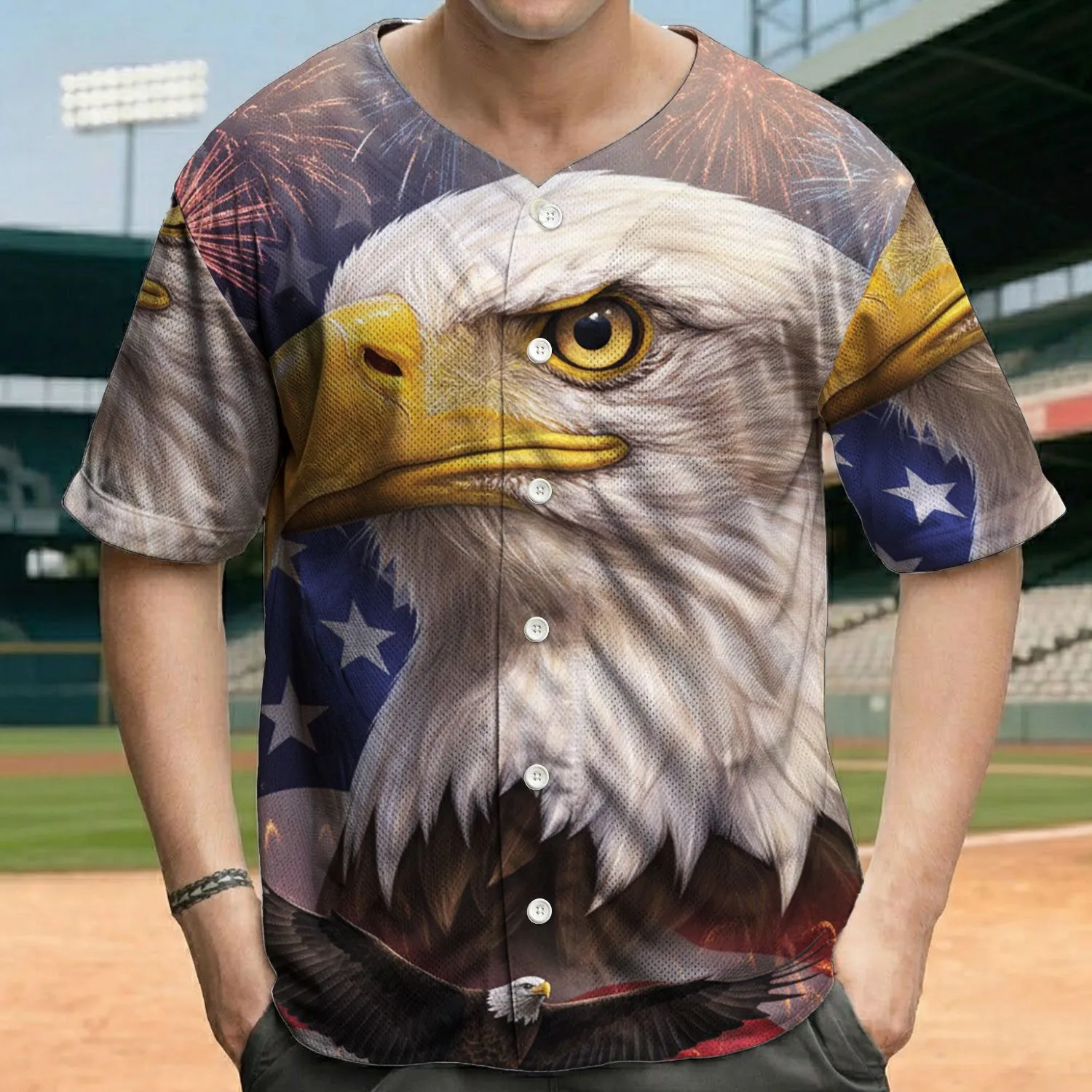 Bald Eagle Waving American Flag Fireworks - Independence Day Gift for Flag Lovers Baseball Jersey - 1