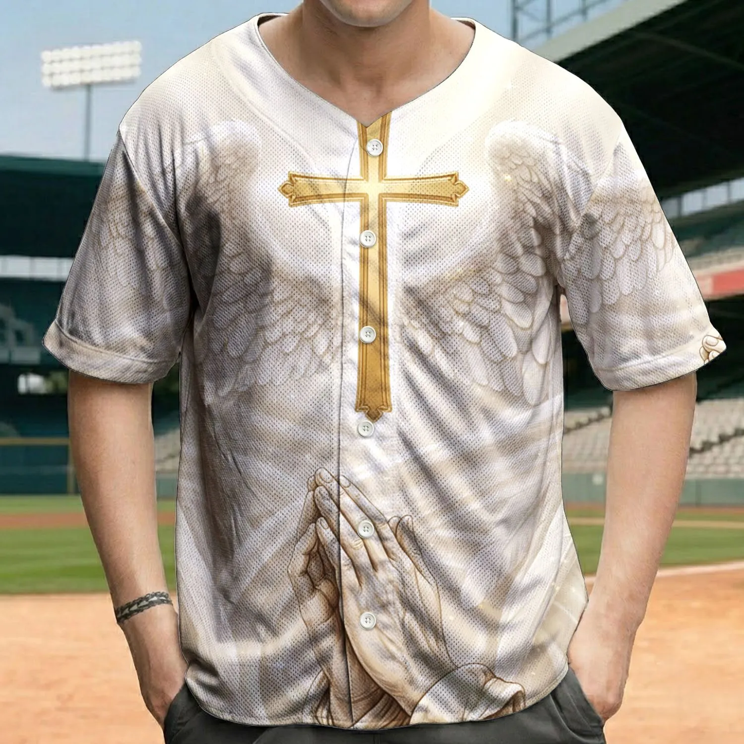 Glowing Golden Cross Angel Wings Praying Hands - Spiritual Faith Wear for Believers Baseball Jersey - 1
