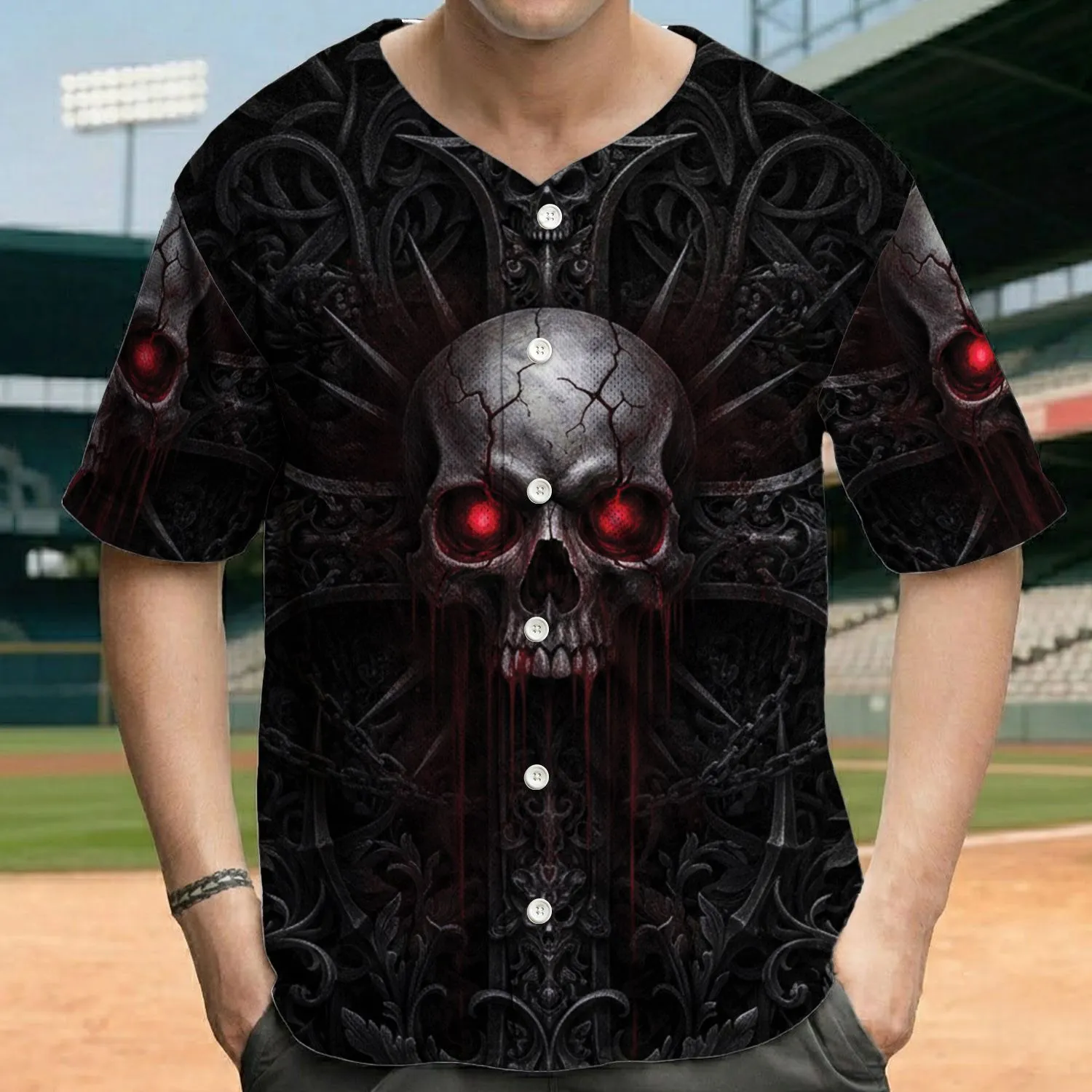 Cracked Skull Iron Cross Gothic Filigree - Halloween Party Wear Baseball Jersey - 1
