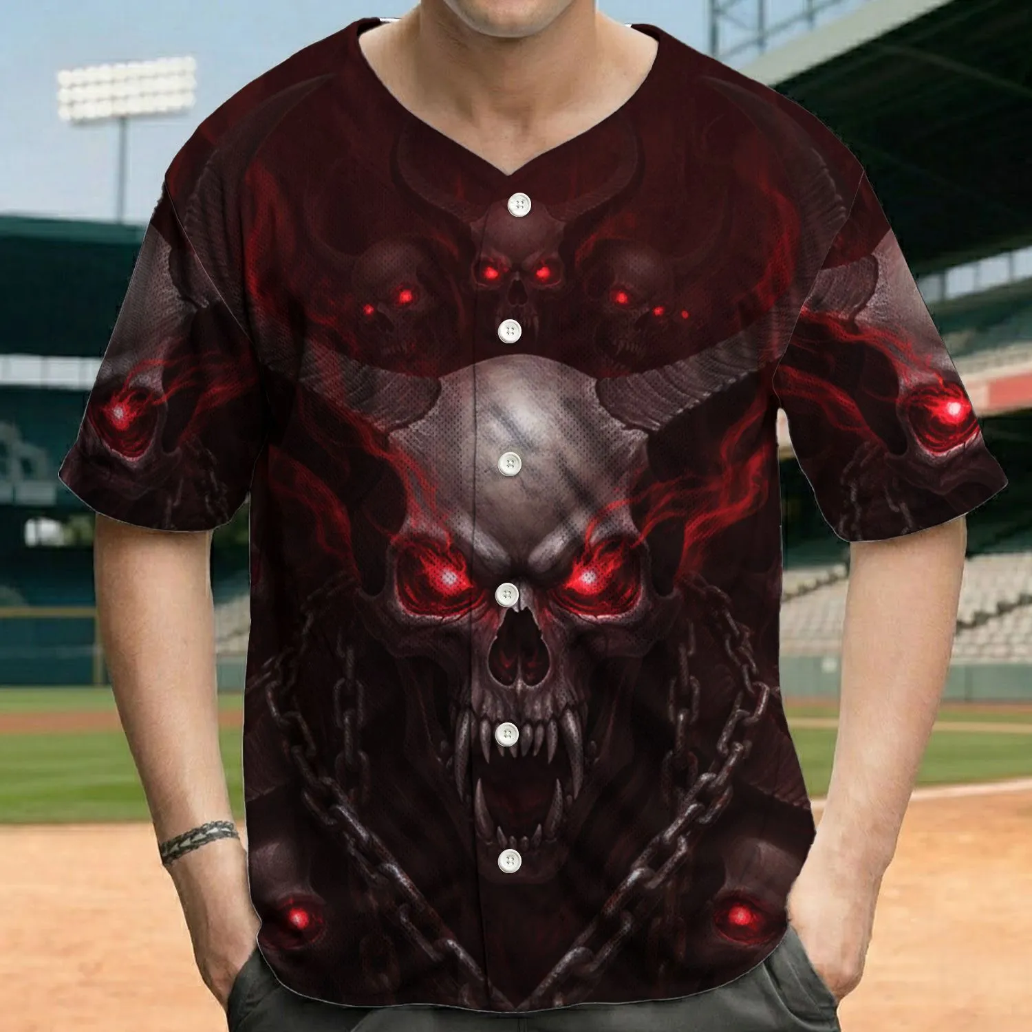 Menacing Horned Skull with Chains and Glowing Red Eyes - Gothic Dark Art Lifestyle Baseball Jersey - 1
