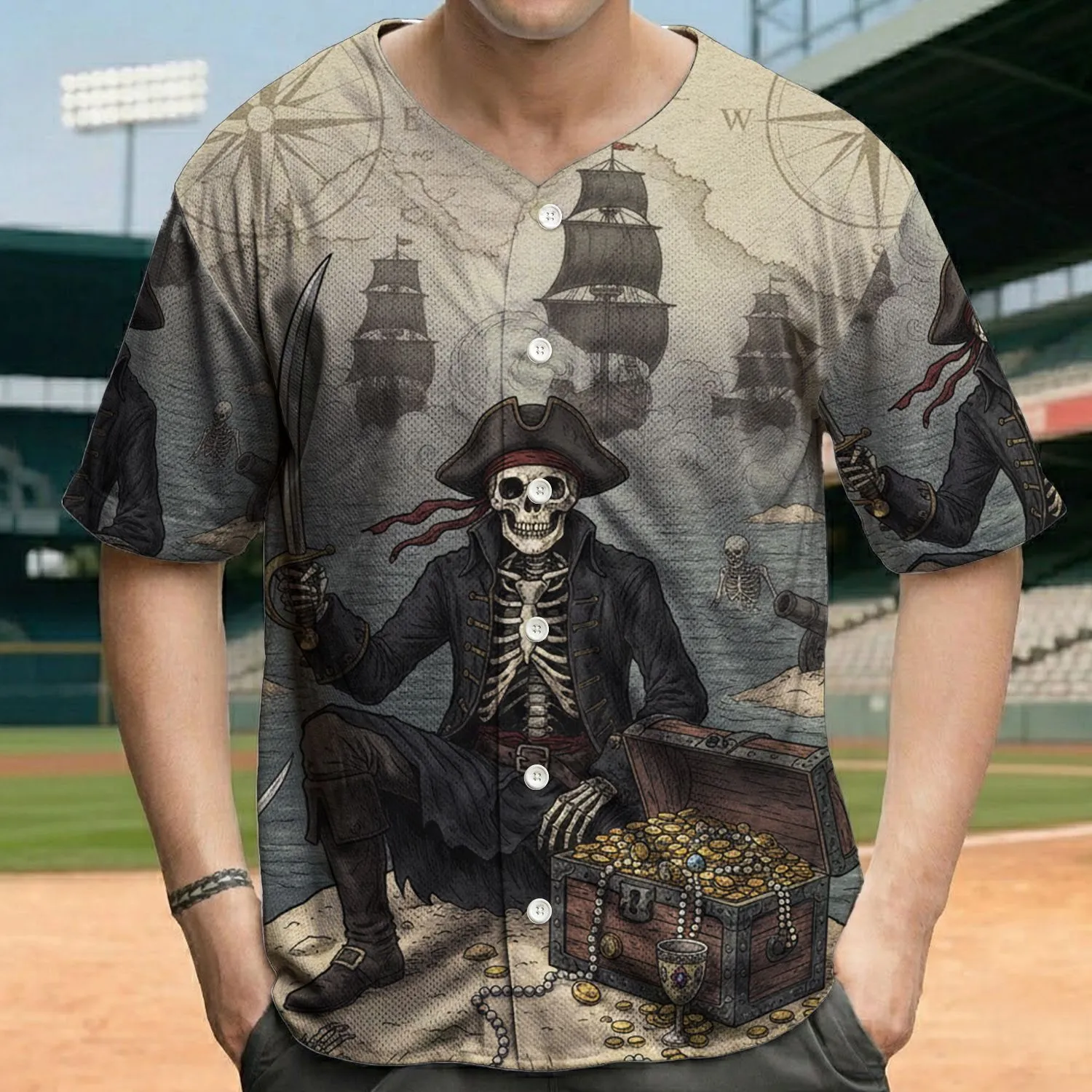 Pirate Skeleton Treasure Chest Map Ships Compass Rose - Adventure Seeker Gift Baseball Jersey - 1