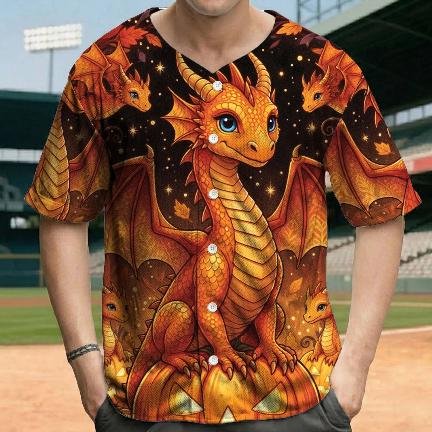 Orange Dragon Jack-o'-lantern Autumn Foliage - Halloween Lover Gift Baseball Jersey - 1