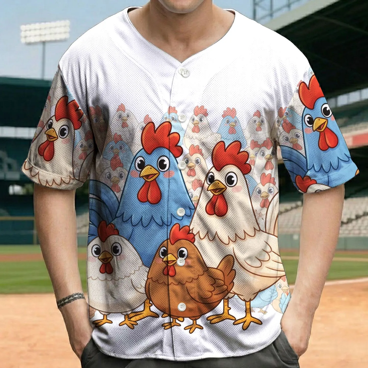 Cartoon Chickens Roosters Farmhouse Decor - Farm Animal Lover Gift Baseball Jersey - 1