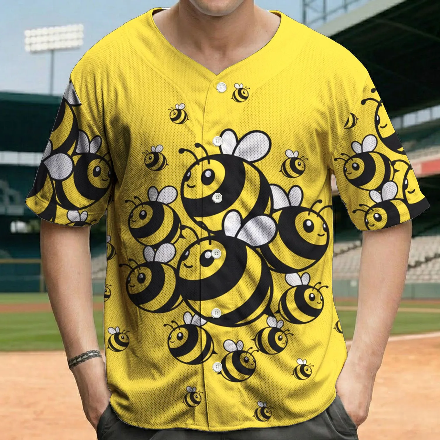 Bold Dynamic Stylized Cartoon Bees Summer Lifestyle Gift for Garden Enthusiast Baseball Jersey - 1