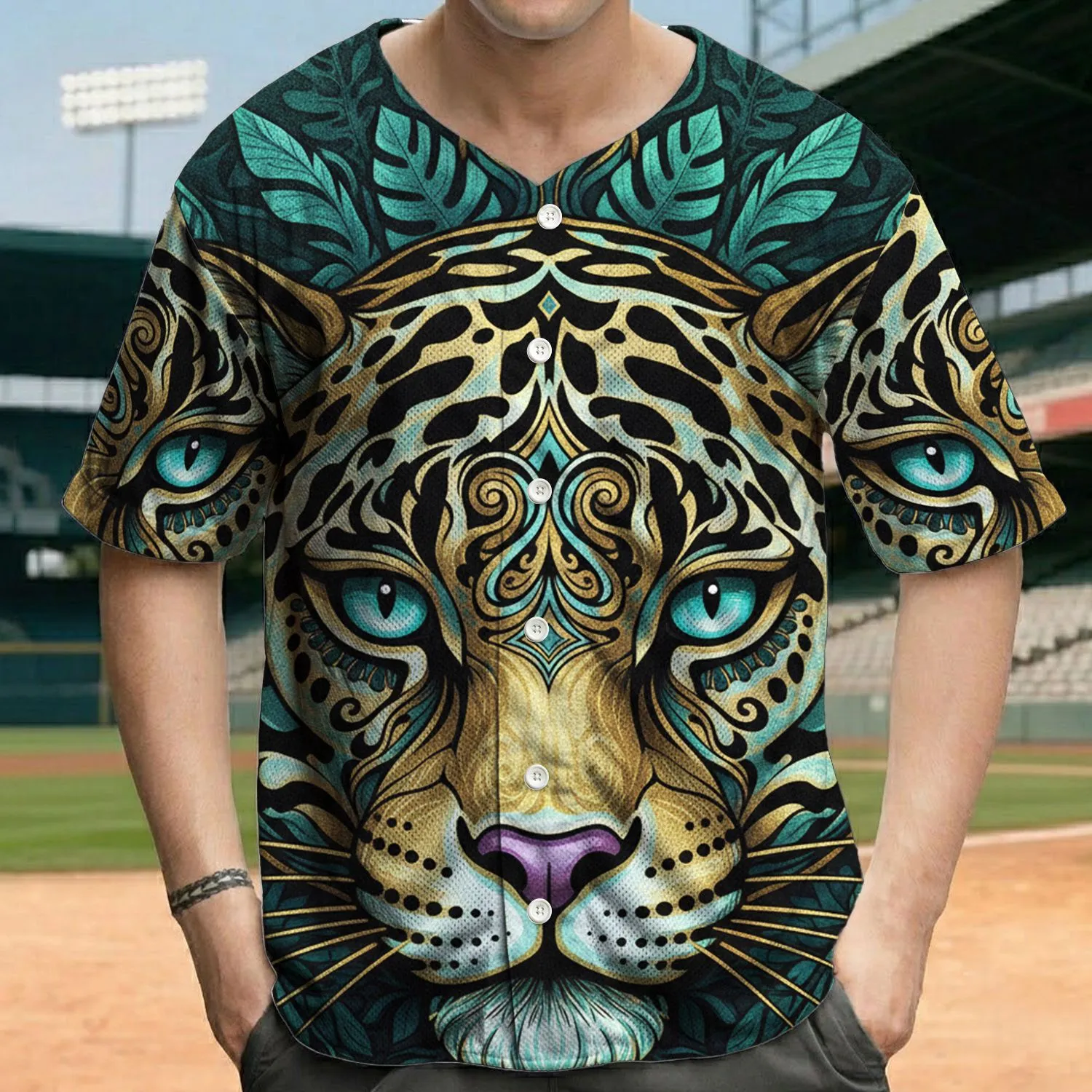 Mandalic Jaguar Head Aqua Blue Eyes Deep Teal Foliage - Wildlife Lover Gift for Big Cat Lover Baseball Jersey - 1