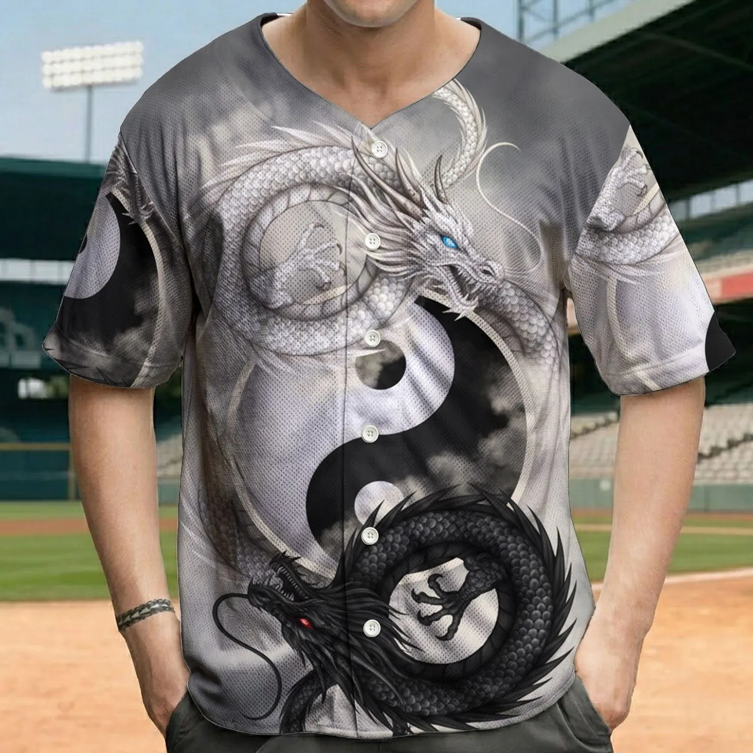 White Black Dragon Yin Yang Intertwined - Fantasy Lover Gift Baseball Jersey - 1
