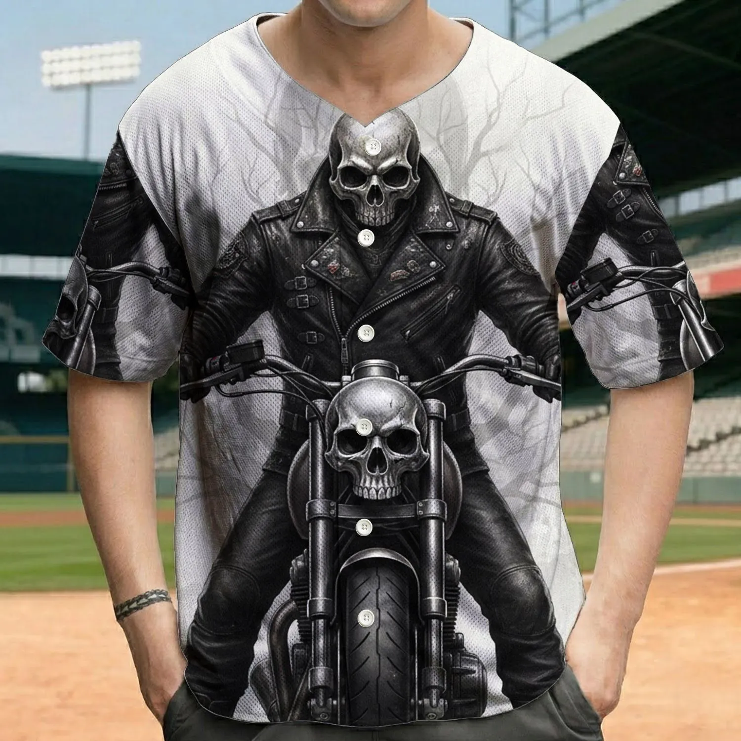 Menacing Skull Headlight Rider Cafe Racer - Motorcycle Enthusiast Gift Baseball Jersey - 1