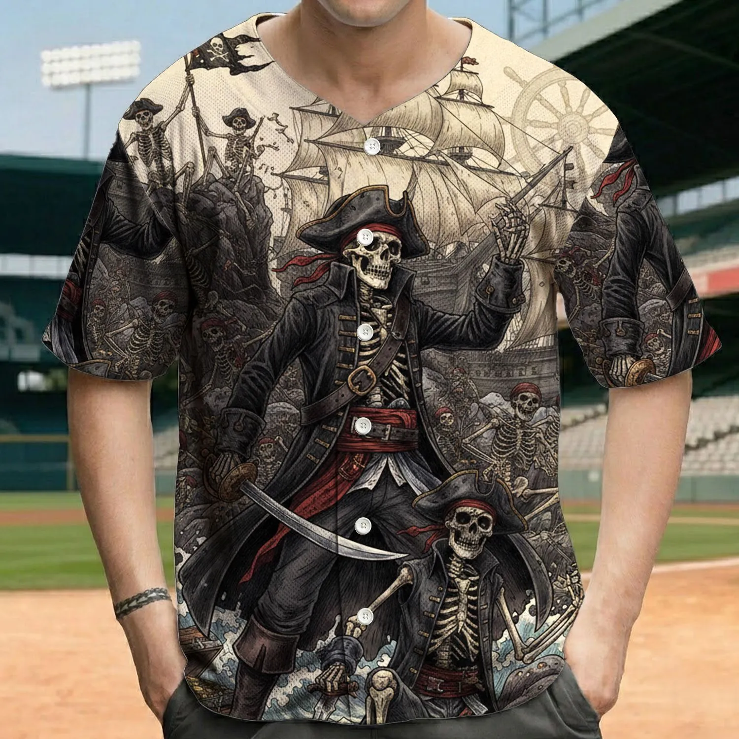 Pirate Skeletons Rocky Outcrops Cutlass Treasure Ship Wheel - Adventure Lover Gift Baseball Jersey - 1