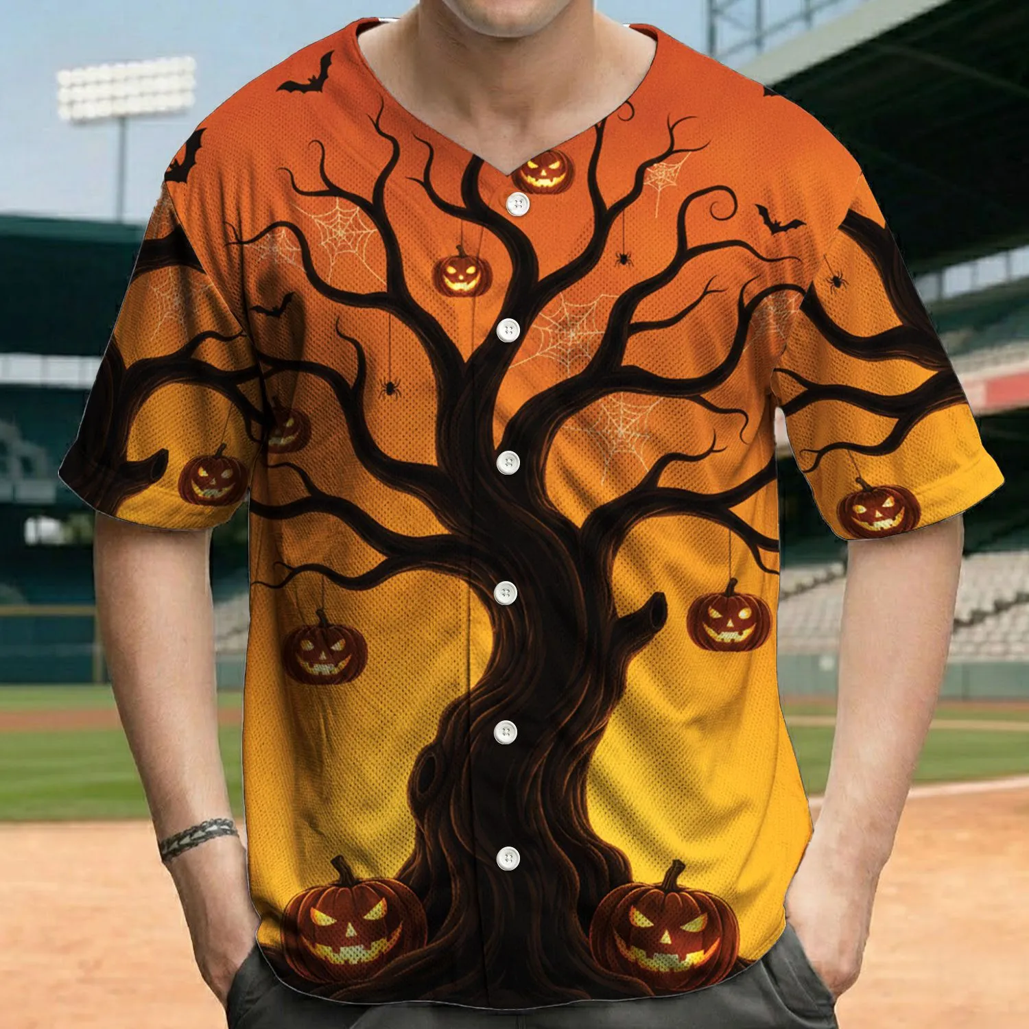 Ancient Gnarled Spooky Tree Jack-o'-lanterns Bats Spiders Gothic Halloween Party Baseball Jersey - 1