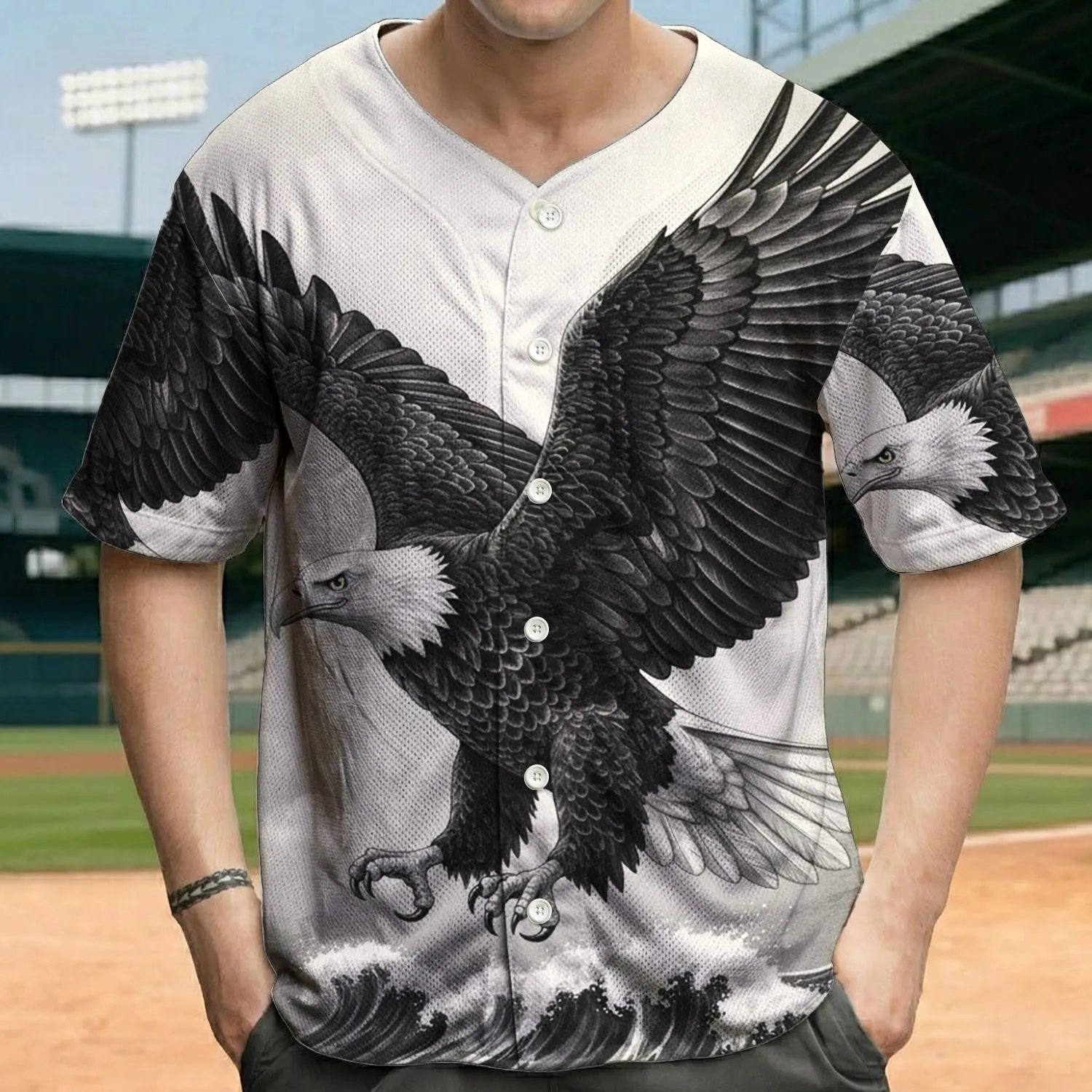 Bald Eagle Wings Spread Mid-Flight Crashing Ocean Waves Feathers - Wildlife Lover Gift Baseball Jersey - 1