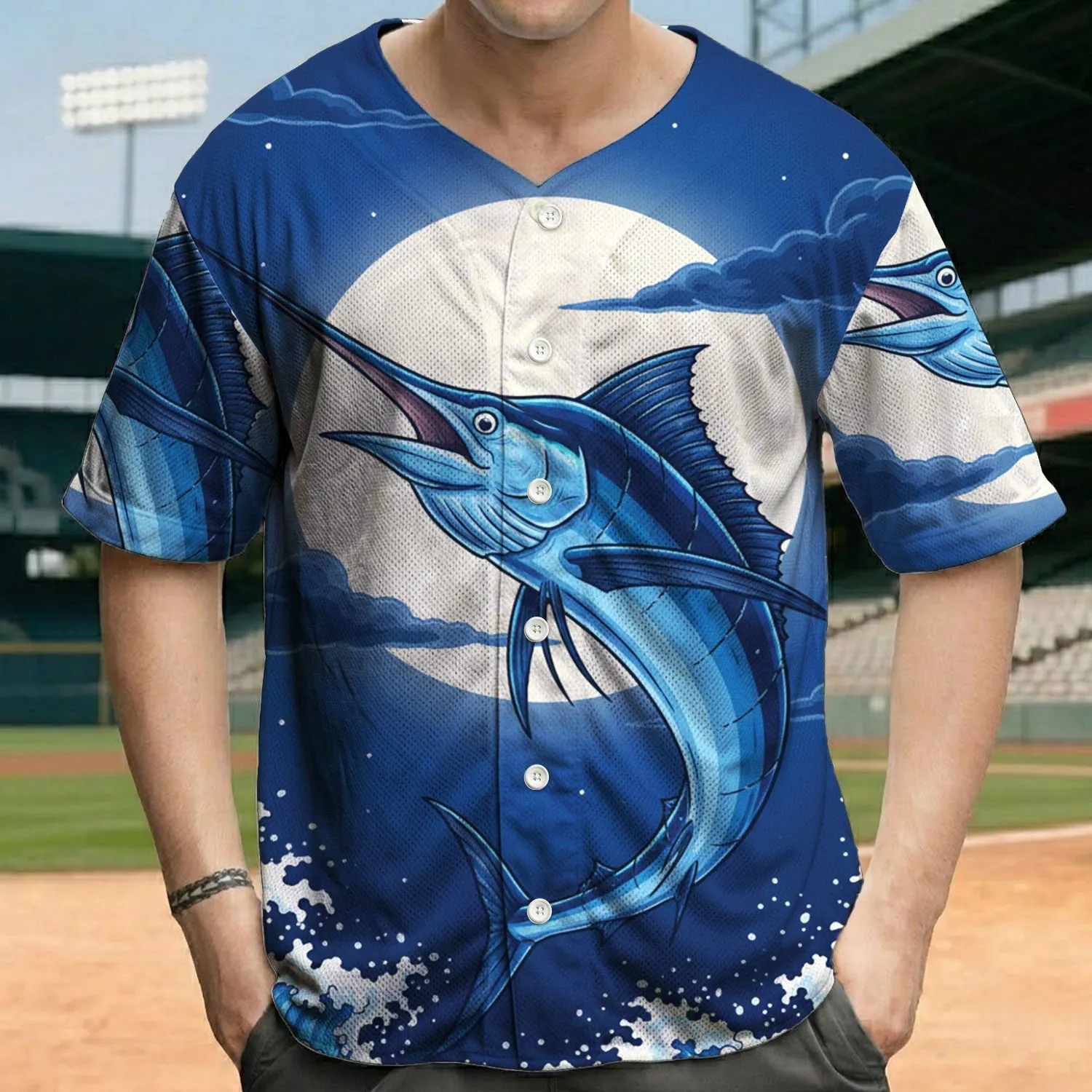 Leaping Blue Marlin Full Moon Starry Sky - Deep Sea Fishing Enthusiast Gift Baseball Jersey - 1