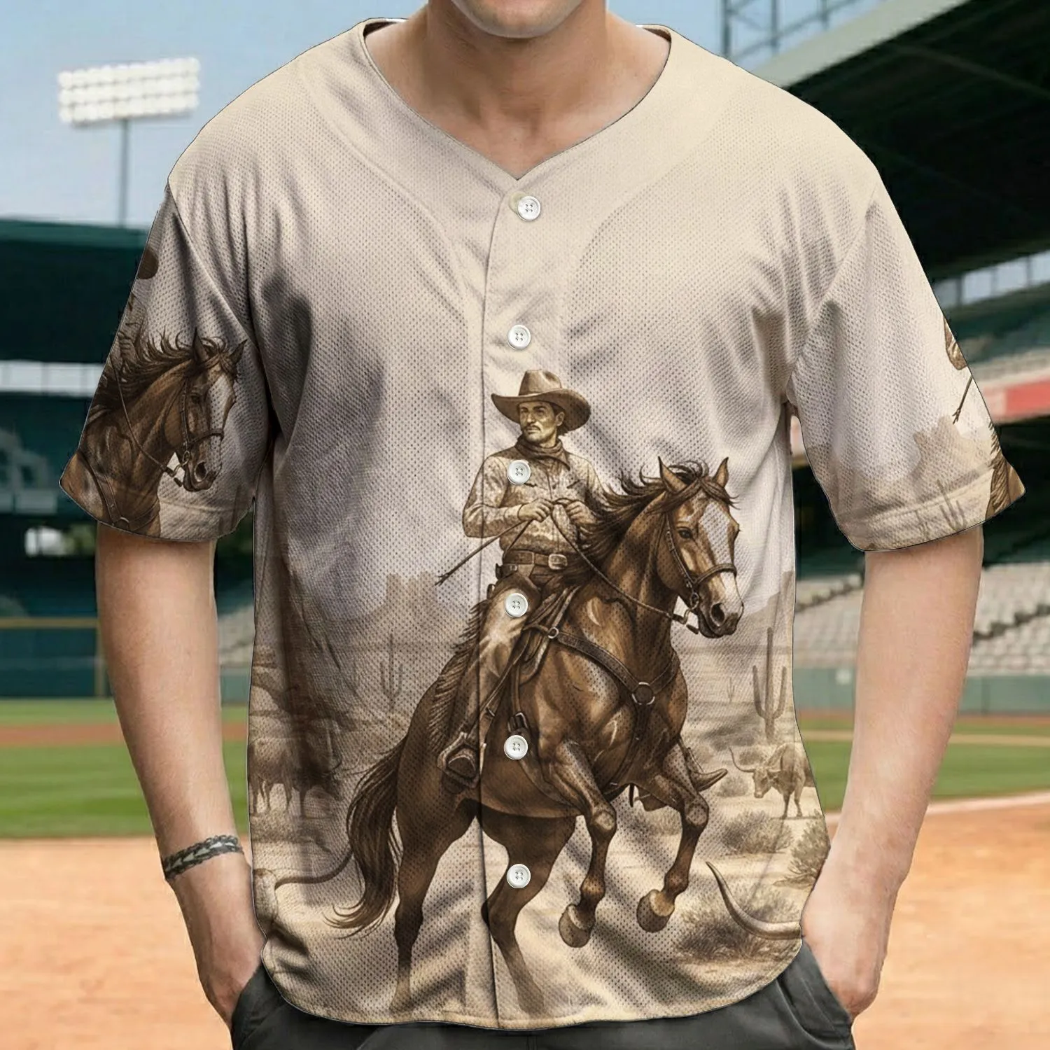 Cowboy Horse Longhorn Cattle Saguaro Desert - Western Lifestyle Gift Baseball Jersey - 1
