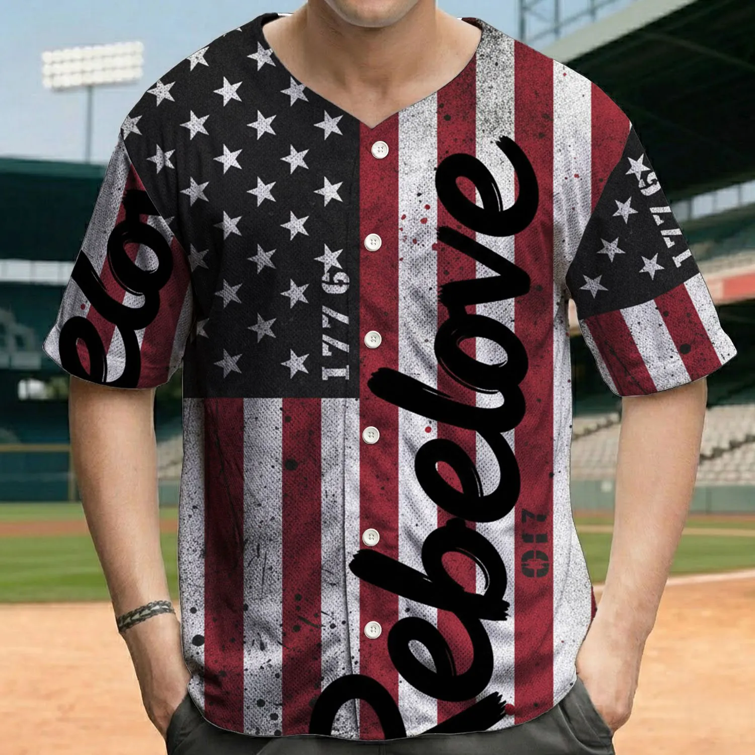 Distressed American Flag Rebelove 1776 - Independence Day Gift for Veterans Baseball Jersey - 1