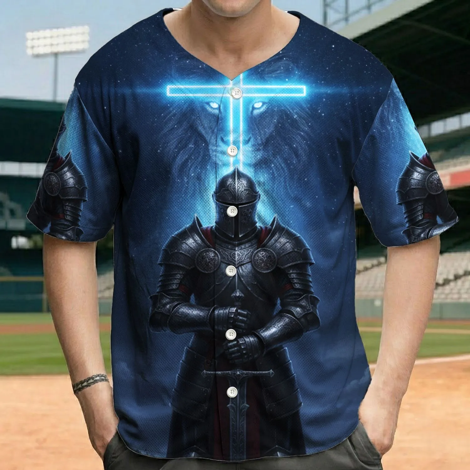 Dark Armored Knight Greatsword Glowing Neon Cross Lion - Knightly Valor Gift for Medieval Fans Baseball Jersey - 1