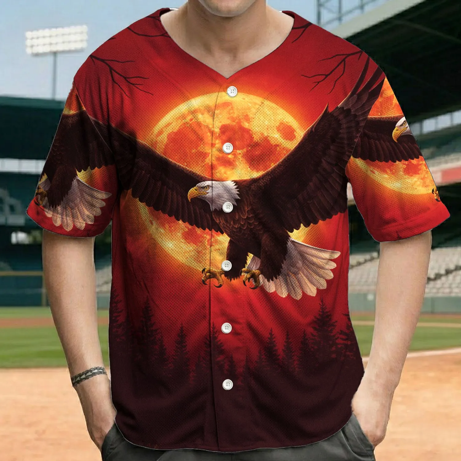 Bald Eagle Golden Moon Red Sky Forest - Wildlife Lover Gift Baseball Jersey - 1