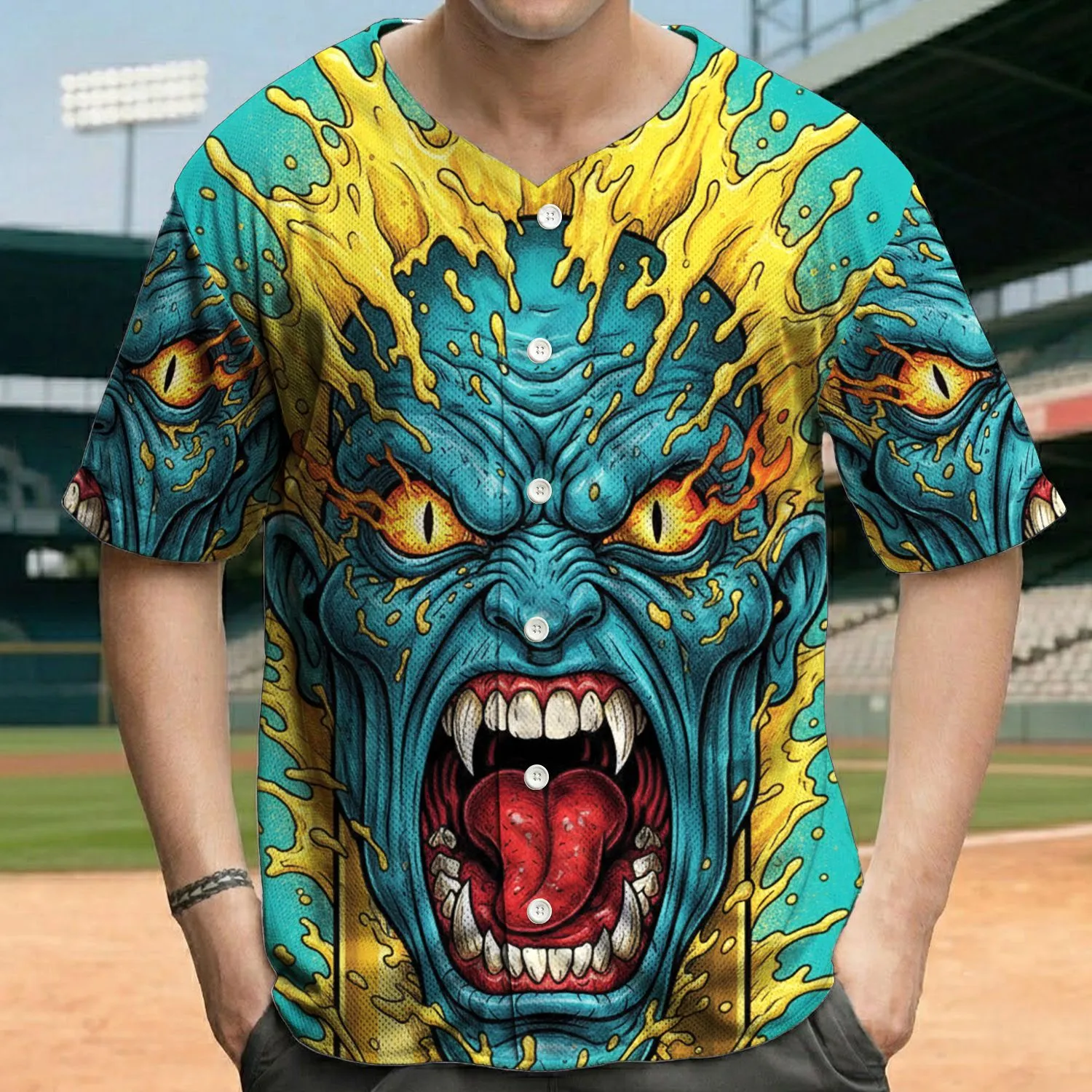 Screaming Teal Monster Face Heart Tongue Golden Soda Can Liquid Splashes - Horror Fan Gift Baseball Jersey - 1