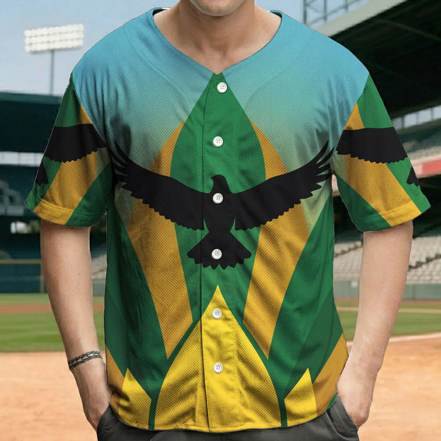 Bird Silhouette Yellow Flame Emerald Leaves - Wildlife Lover Gift Baseball Jersey - 1
