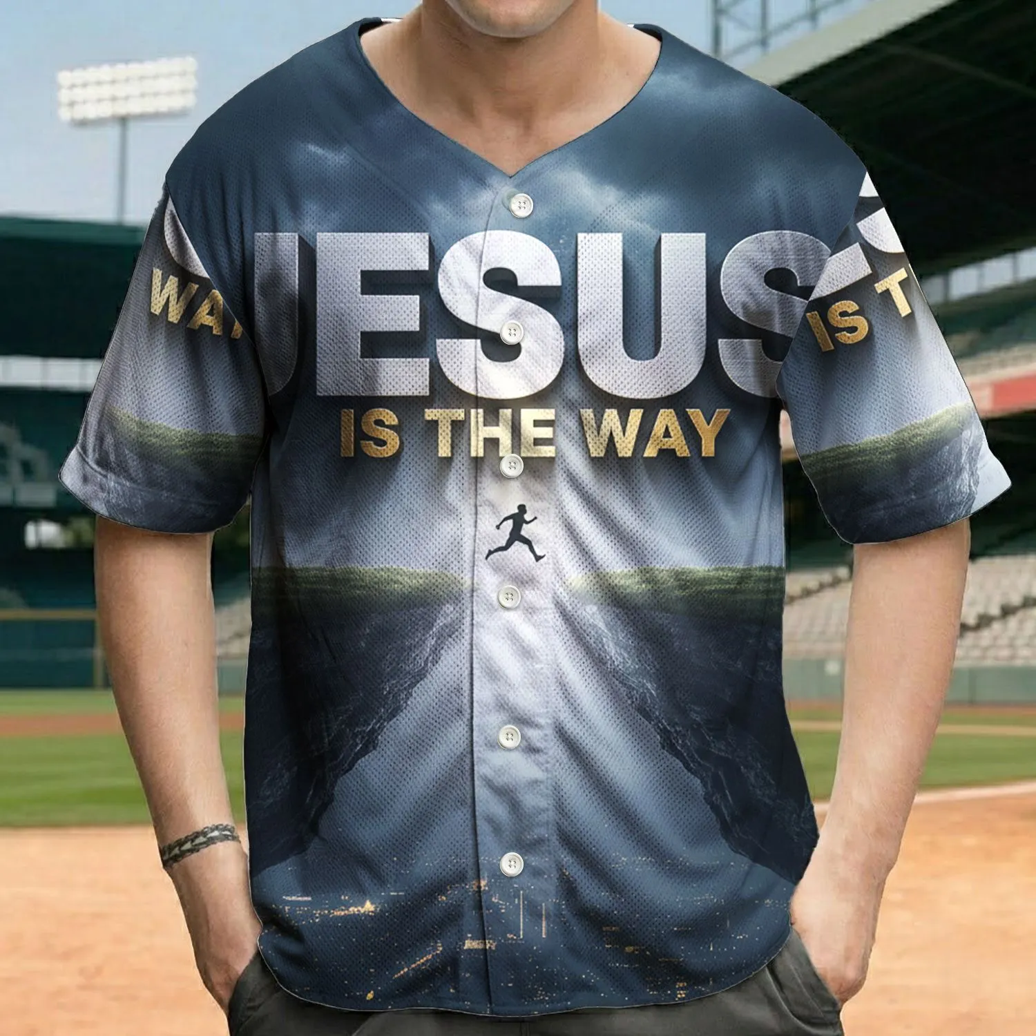 Jesus Is The Way Cliff Jumper Cityscape - Faith Walk Lifestyle Gift for Believers Baseball Jersey - 1