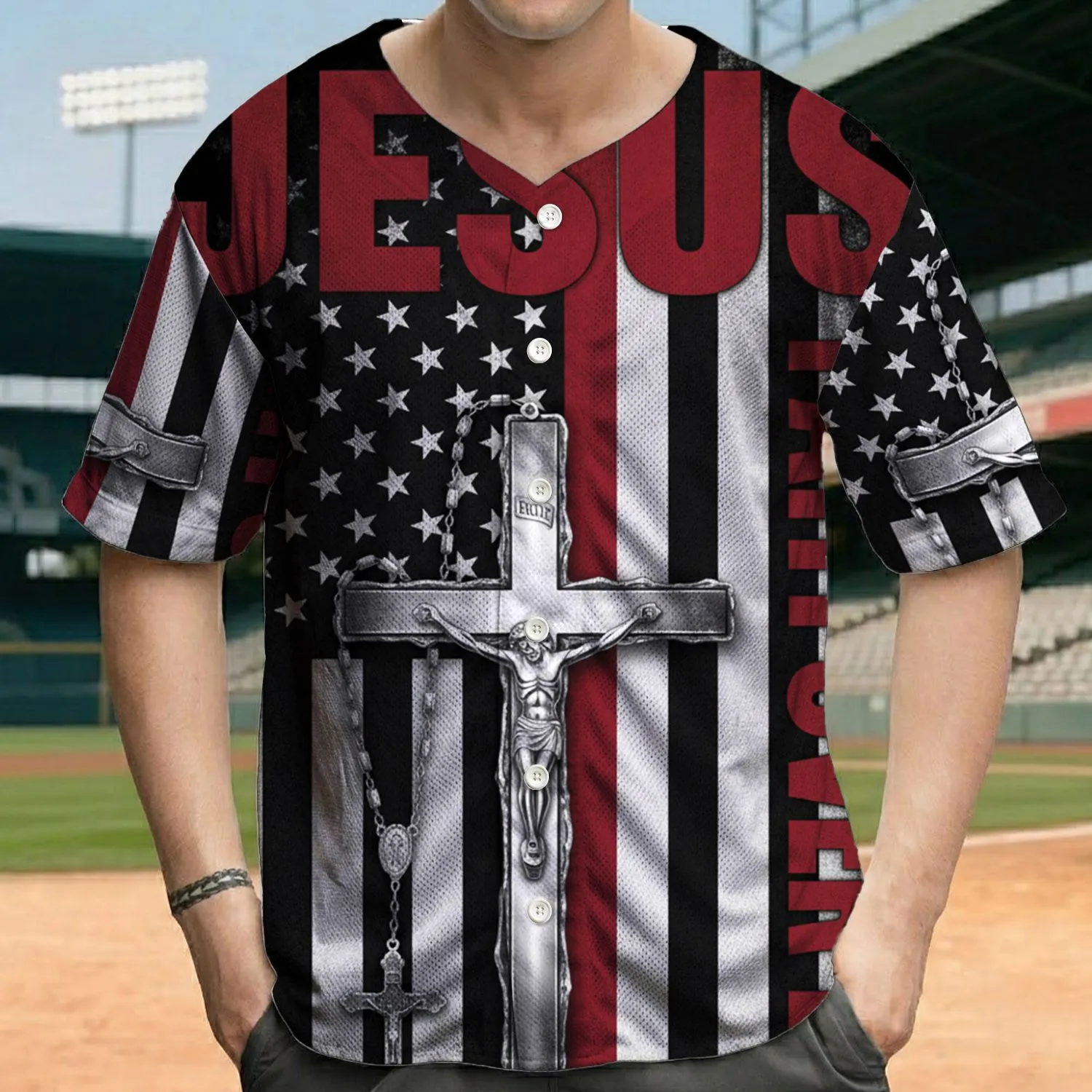 American Flag Cross Faith Over Fear - Patriotic Christian Gift Baseball Jersey - 1