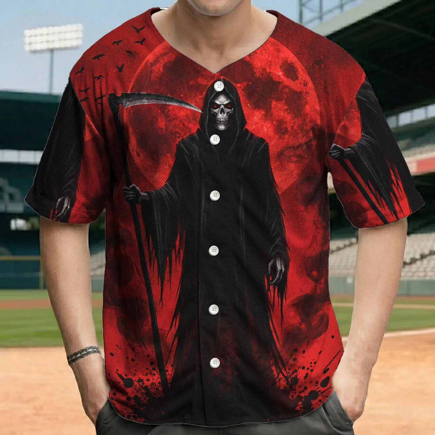 Tall Menacing Grim Reaper Scythe Blood Moon - Swirling Smoke Birds Halloween Party Baseball Jersey - 1