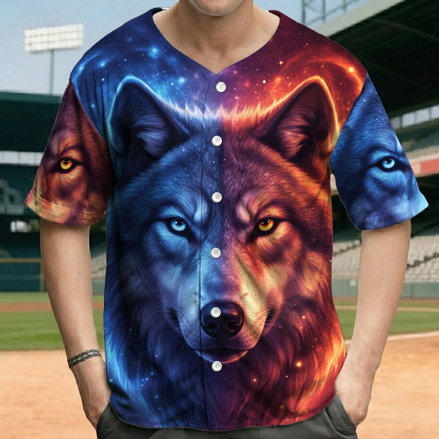 Realistic Glowing Eye Wolf Head Split Color Cosmic Nebula - Wildlife Lover Gift for Wolf Lovers Baseball Jersey - 1
