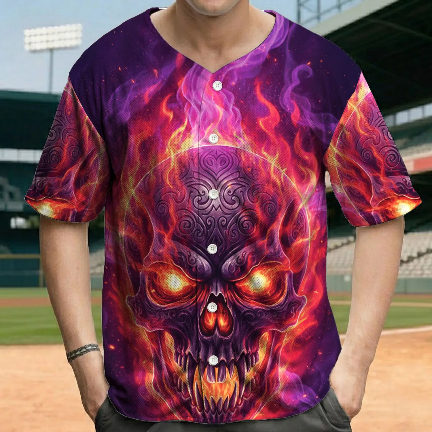 Ornate Skull Fiery Flames Glowing Eyes Jagged Teeth - Skull Collector Gift Baseball Jersey - 1