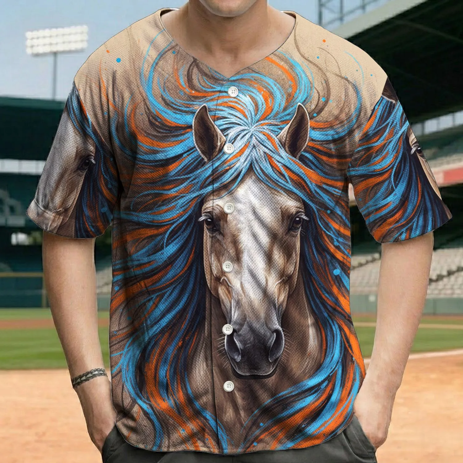 Majestic Horse Head Electric Blue Orange Mane - Wildlife Horse Lover Gift Baseball Jersey - 1