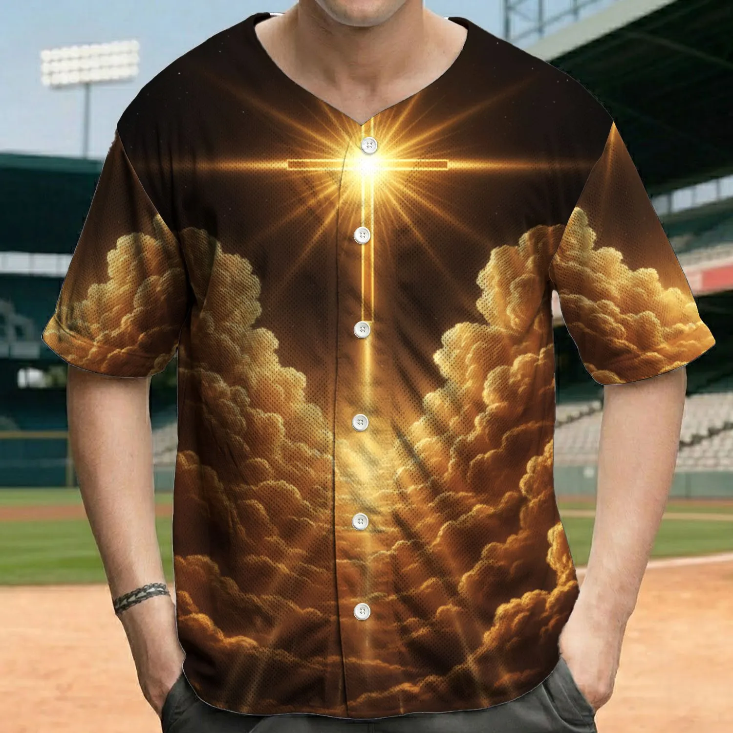 Majestic Golden Cross, Golden Clouds, Night Sky - Spiritual Lifestyle Gift for Believers Baseball Jersey - 1