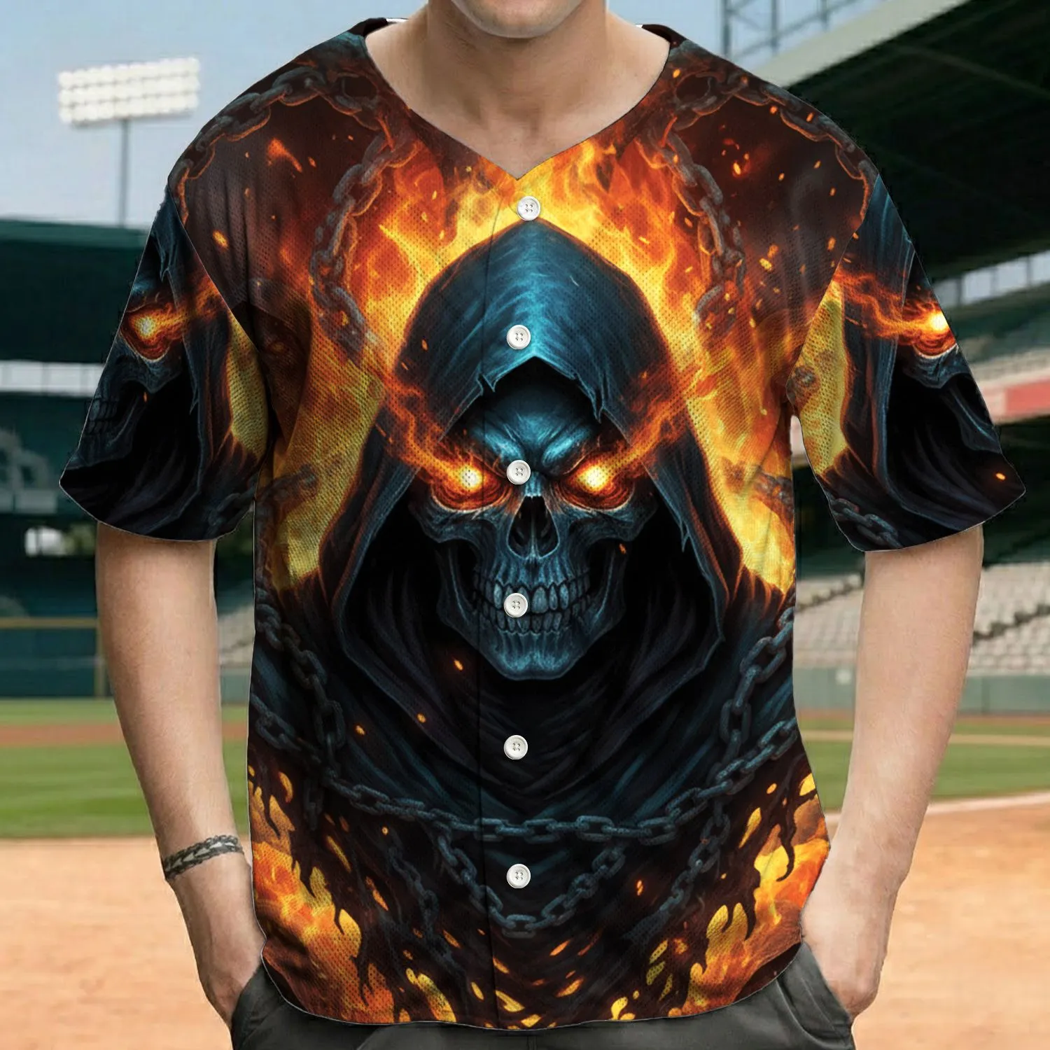 Blue Teal Hooded Skull Glowing Eyes Gnarled Chains Fiery Scene - Dark Fantasy Lifestyle Wear Baseball Jersey - 1
