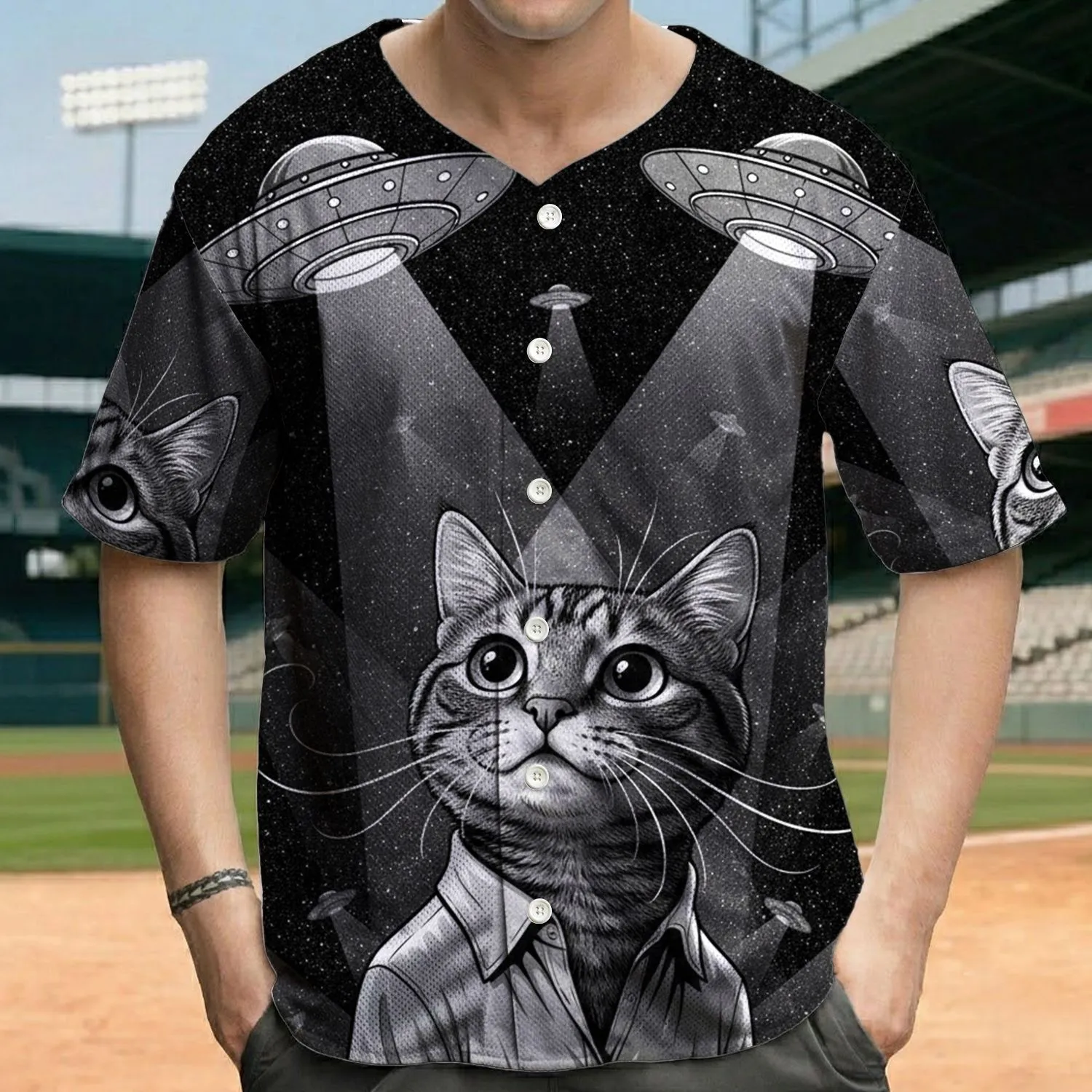 Large Wide Eyed Striped Tabby Cat UFO Cosmic Sky - Sci-Fi Fan Gift for Cat Owners Baseball Jersey - 1