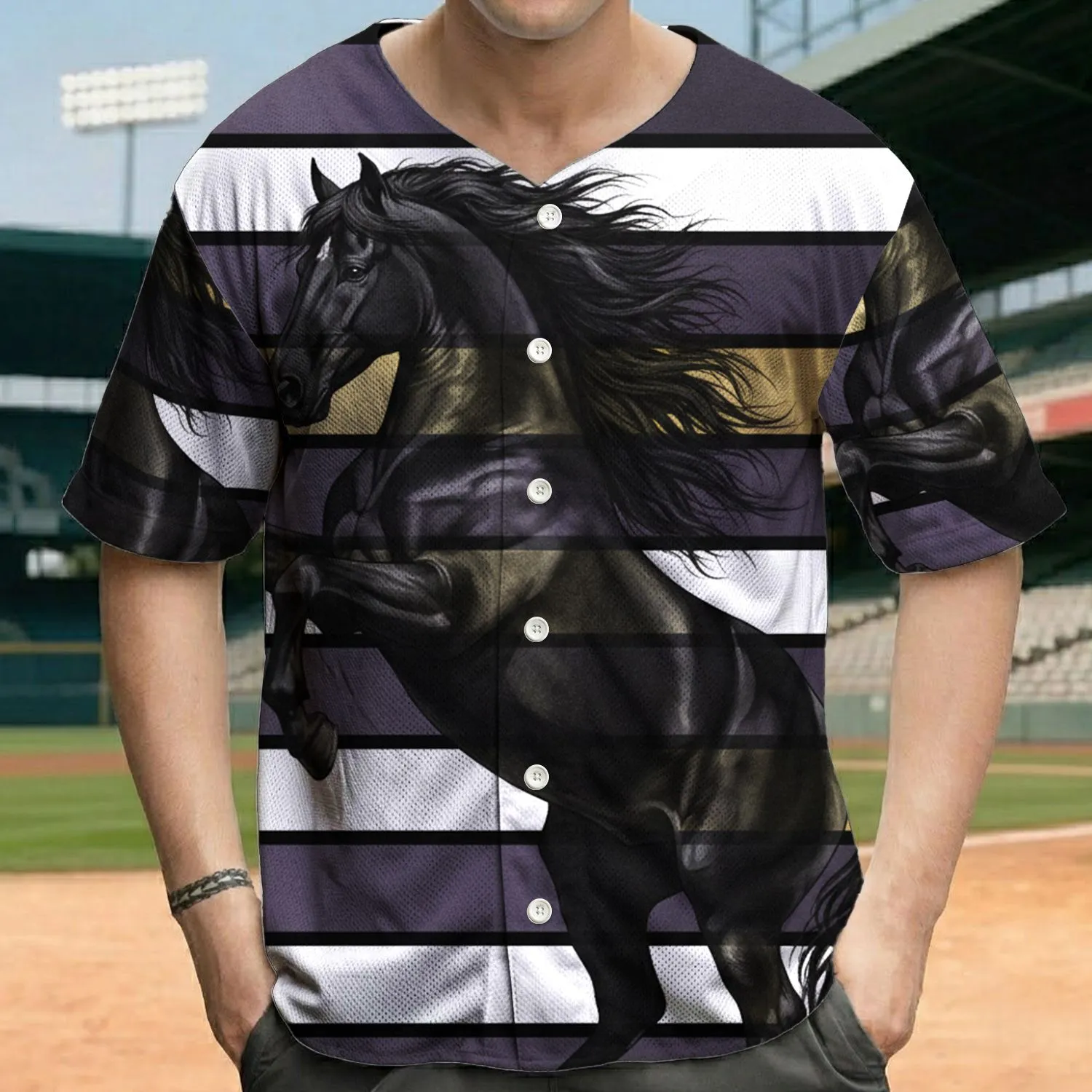 Black Horse Rearing Flowing Mane Tail Purple Gold White Stripes - Horse Lover Gift Baseball Jersey - 1