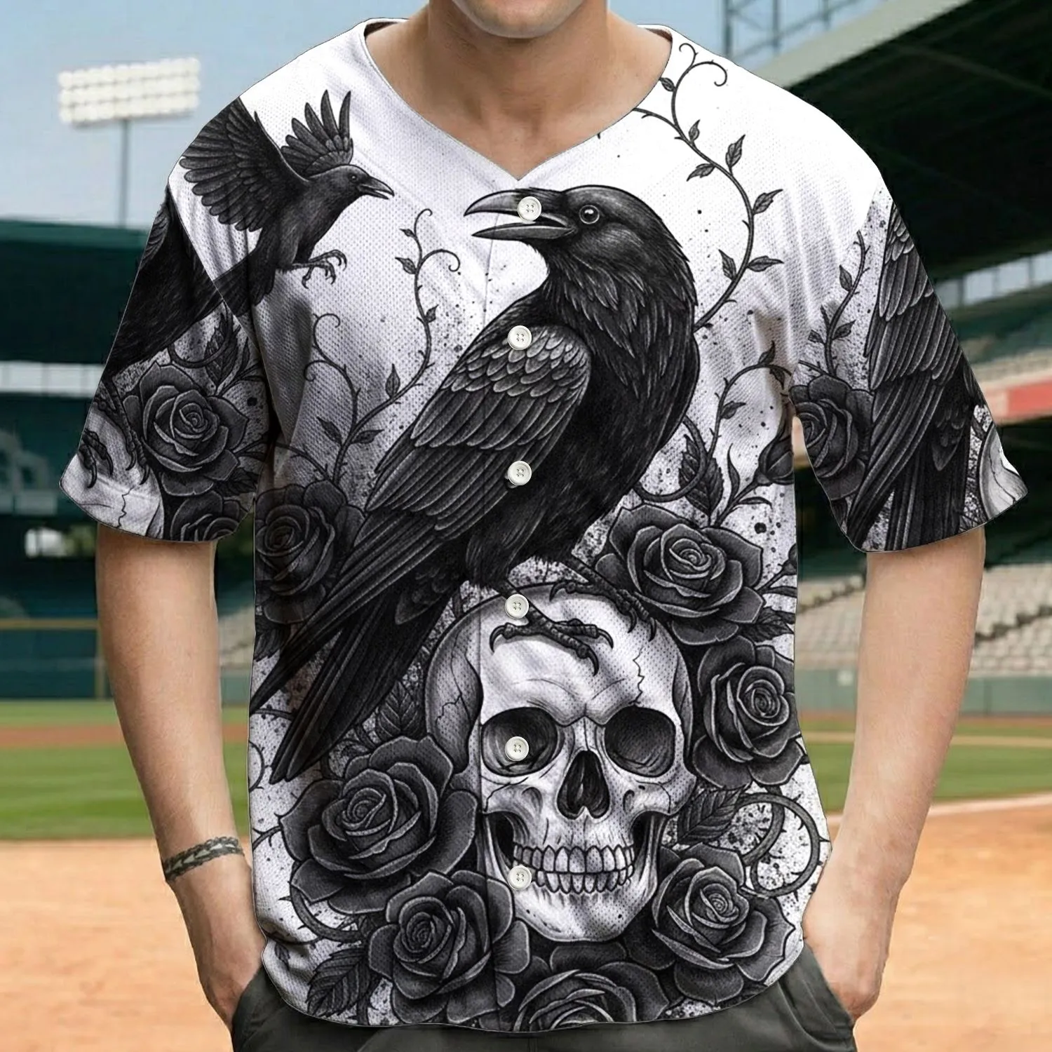 Two Black Crows Skull Roses Thorny Vines - Dark Art Lover Gift Baseball Jersey - 1