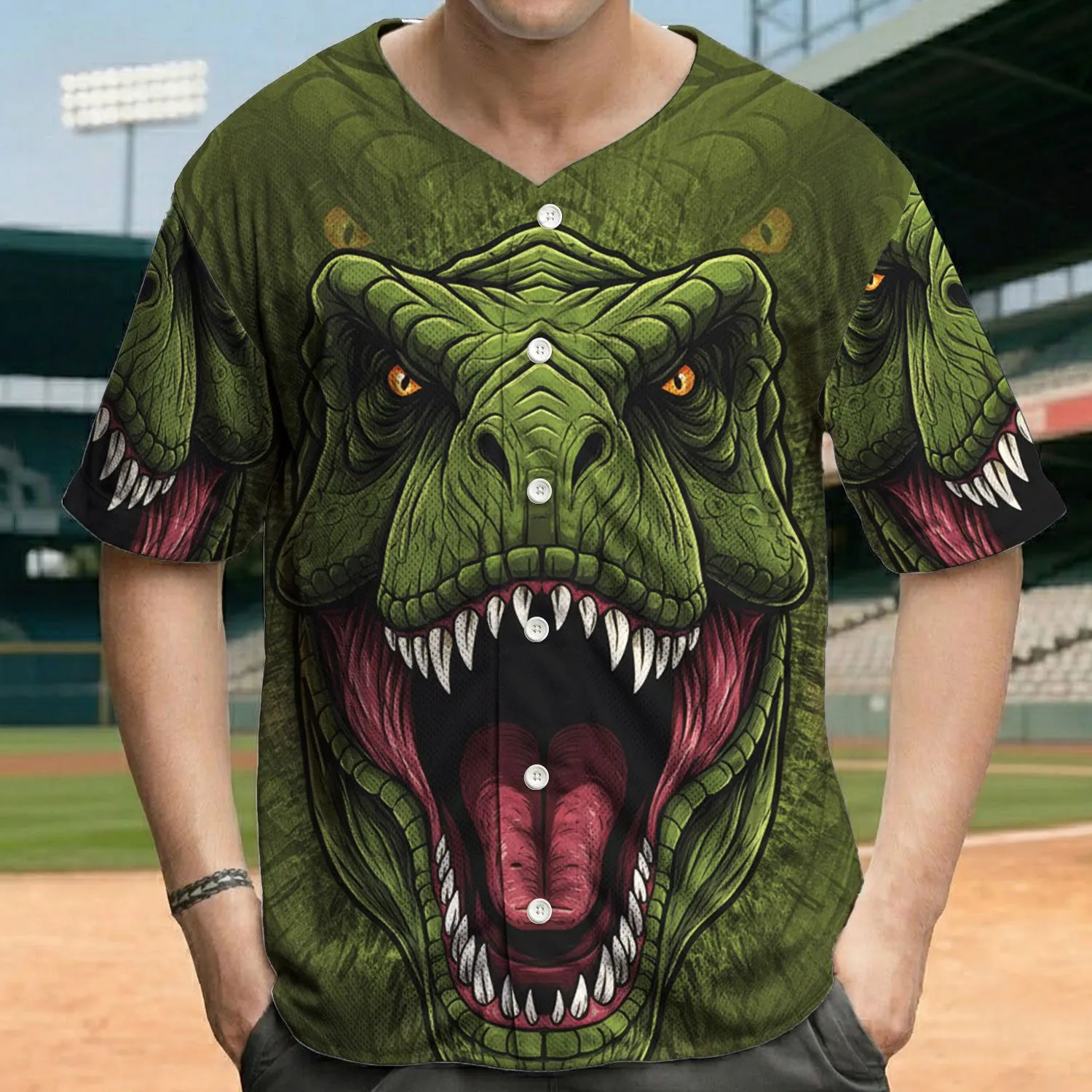 Fearsome Tyrannosaurus Rex Roaring Head, Open Mouth, Sharp White Teeth - Prehistoric Wildlife Lover Gift Baseball Jersey - 1