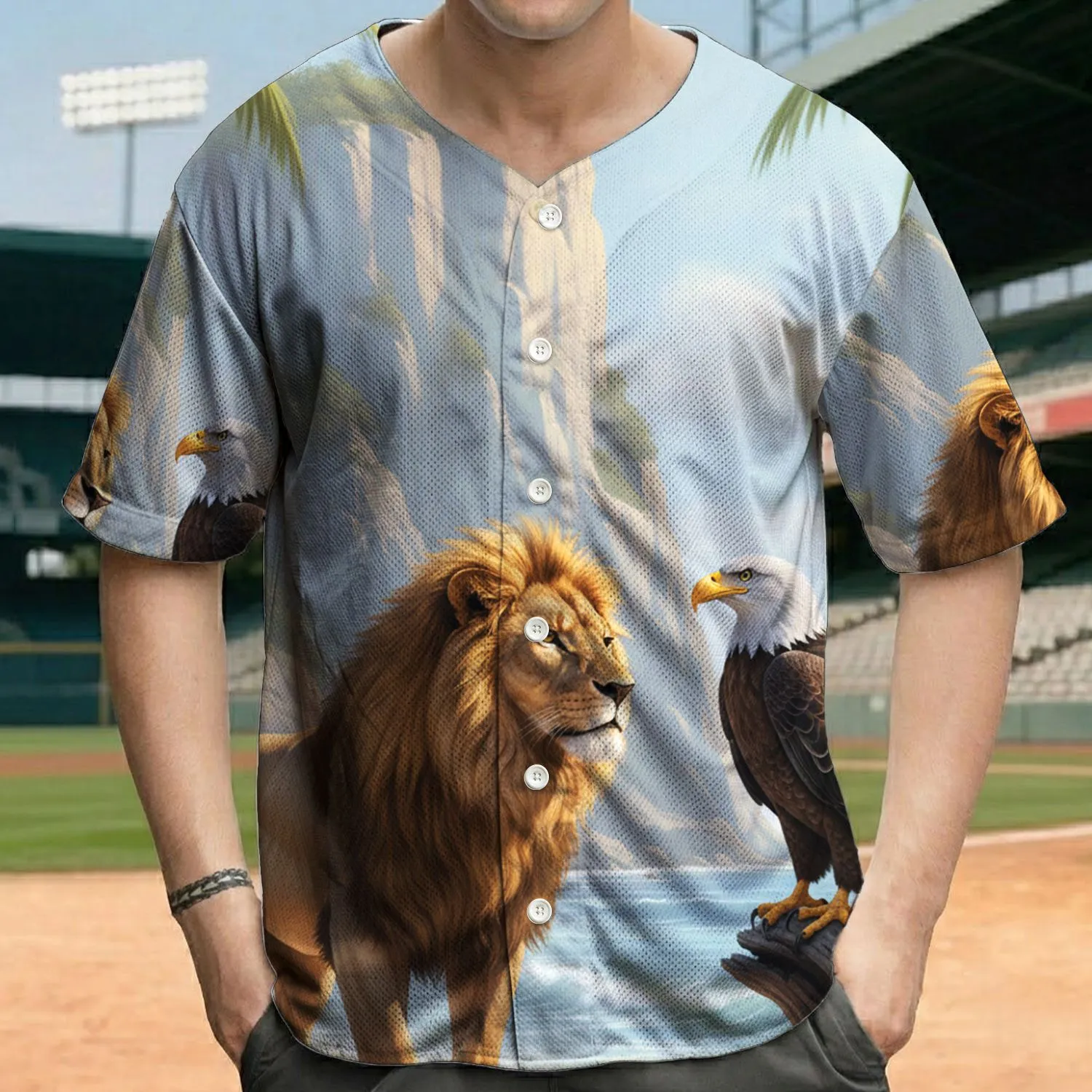 Lion Bald Eagle Sandy Beach Ocean Cliff Tropical Foliage - Wildlife Lover Gift Baseball Jersey - 1