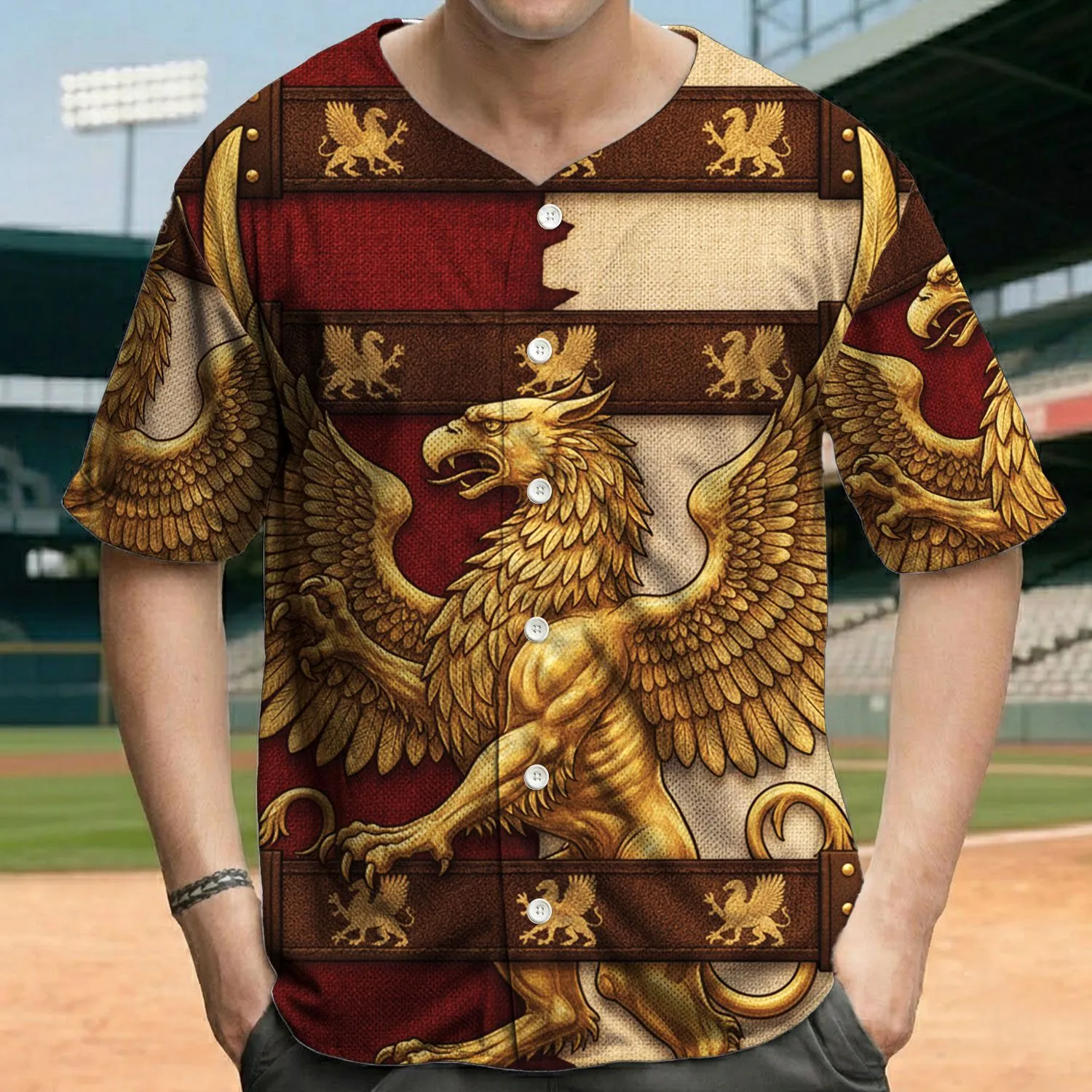 Golden Griffin Heraldic Banner - Medieval Fantasy Lover Gift Baseball Jersey - 1