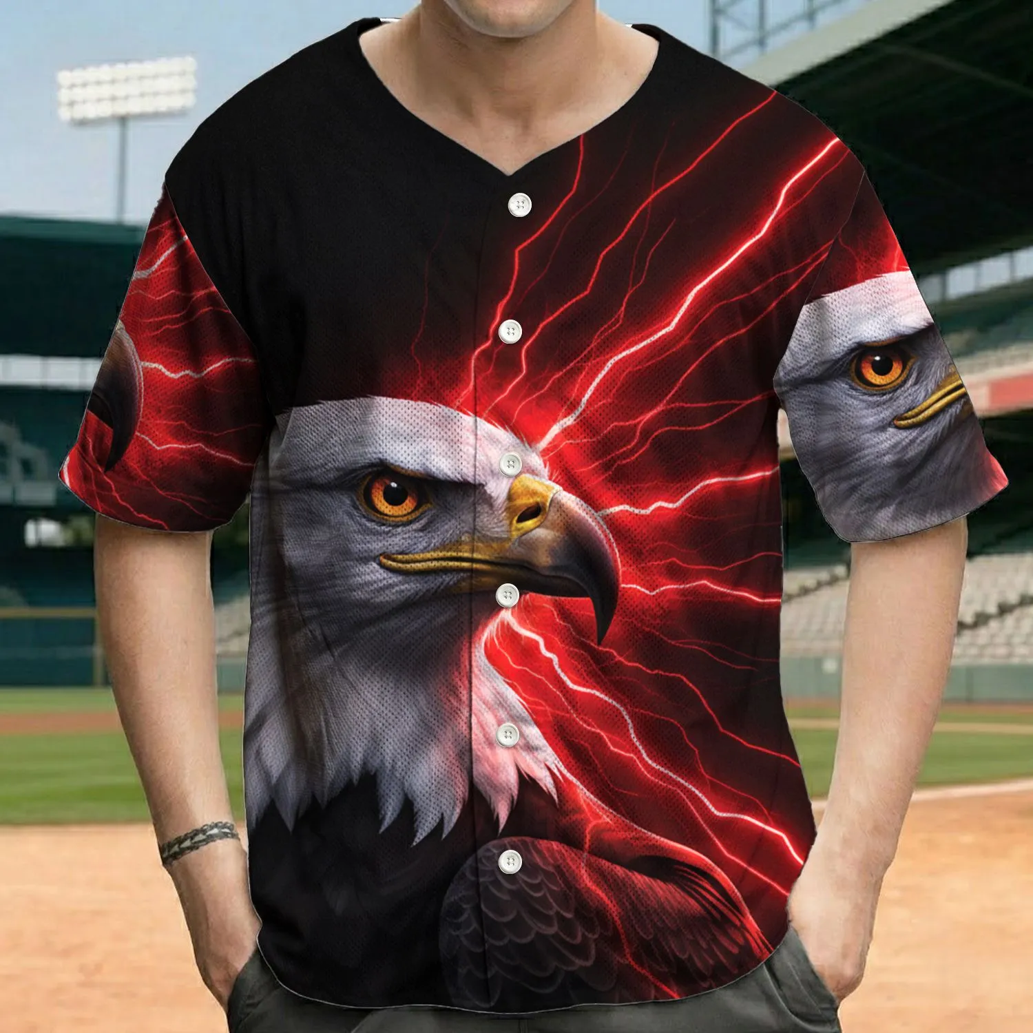 Majestic Eagle Orange Eyes Jagged Red Energy Black Background - For Wildlife Enthusiasts Baseball Jersey - 1