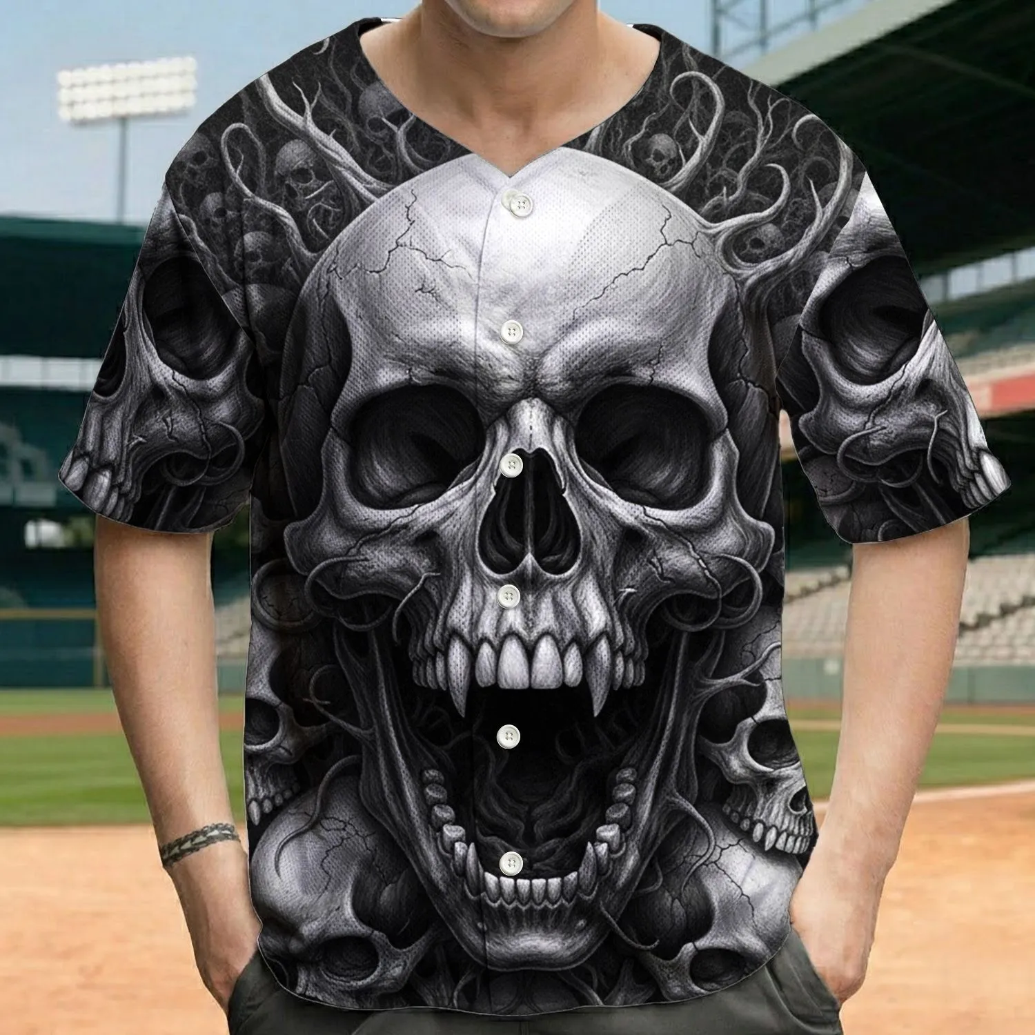 Screaming Human Skulls Root Tendrils Swirling Smoky Textures - Macabre Lifestyle Gift Baseball Jersey - 1