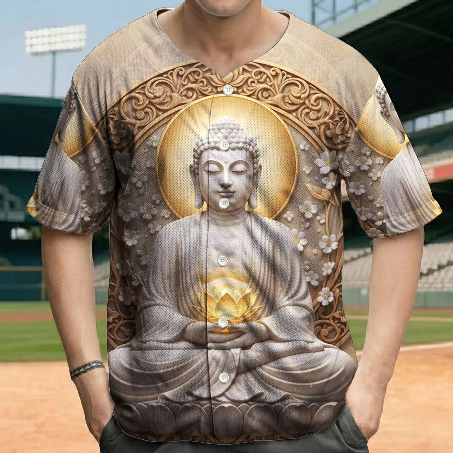Serene Buddha Statue Golden Lotus Floral Mandala - Meditation Gift for Yoga Lover Baseball Jersey - 1