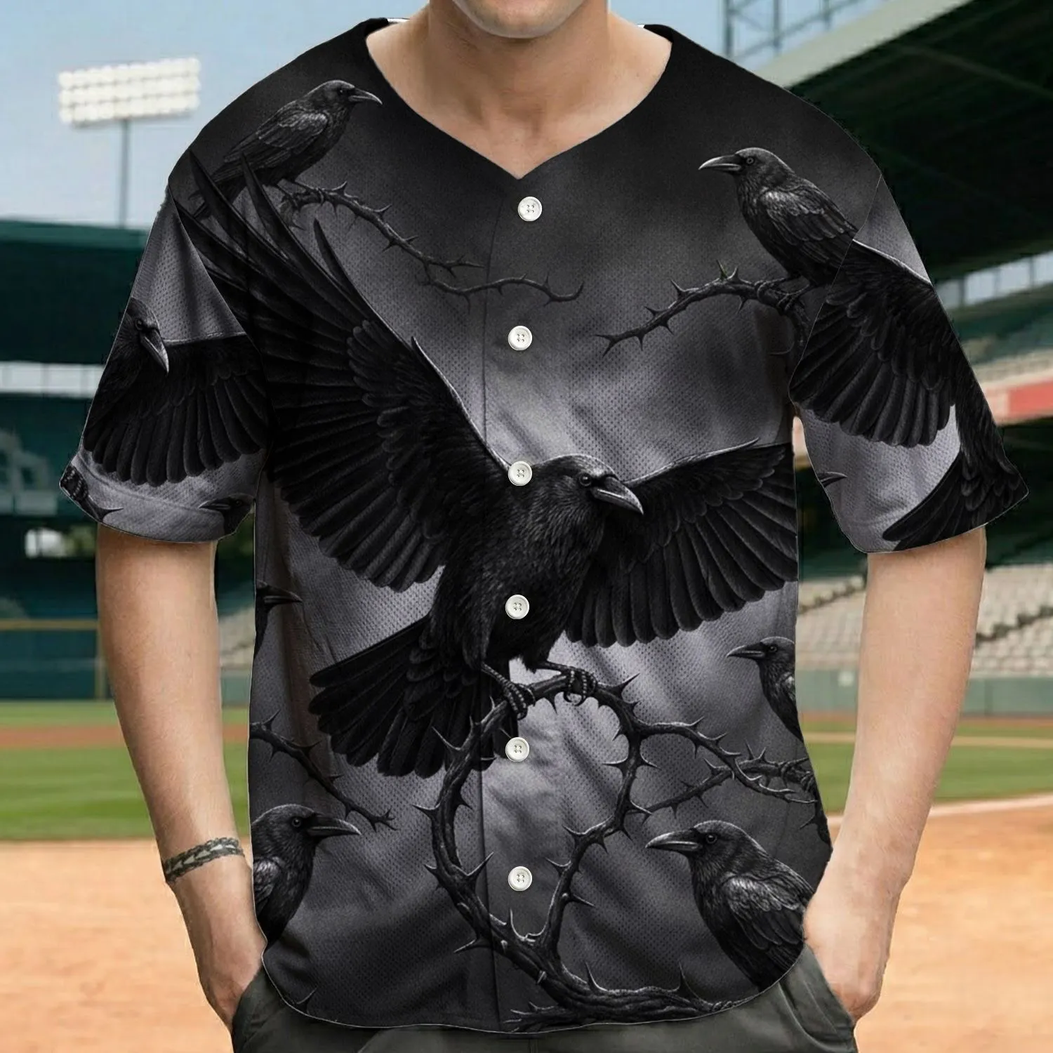Black Crow Wide Wings Thorny Branch Perched - Wildlife Lover Gift Baseball Jersey - 1