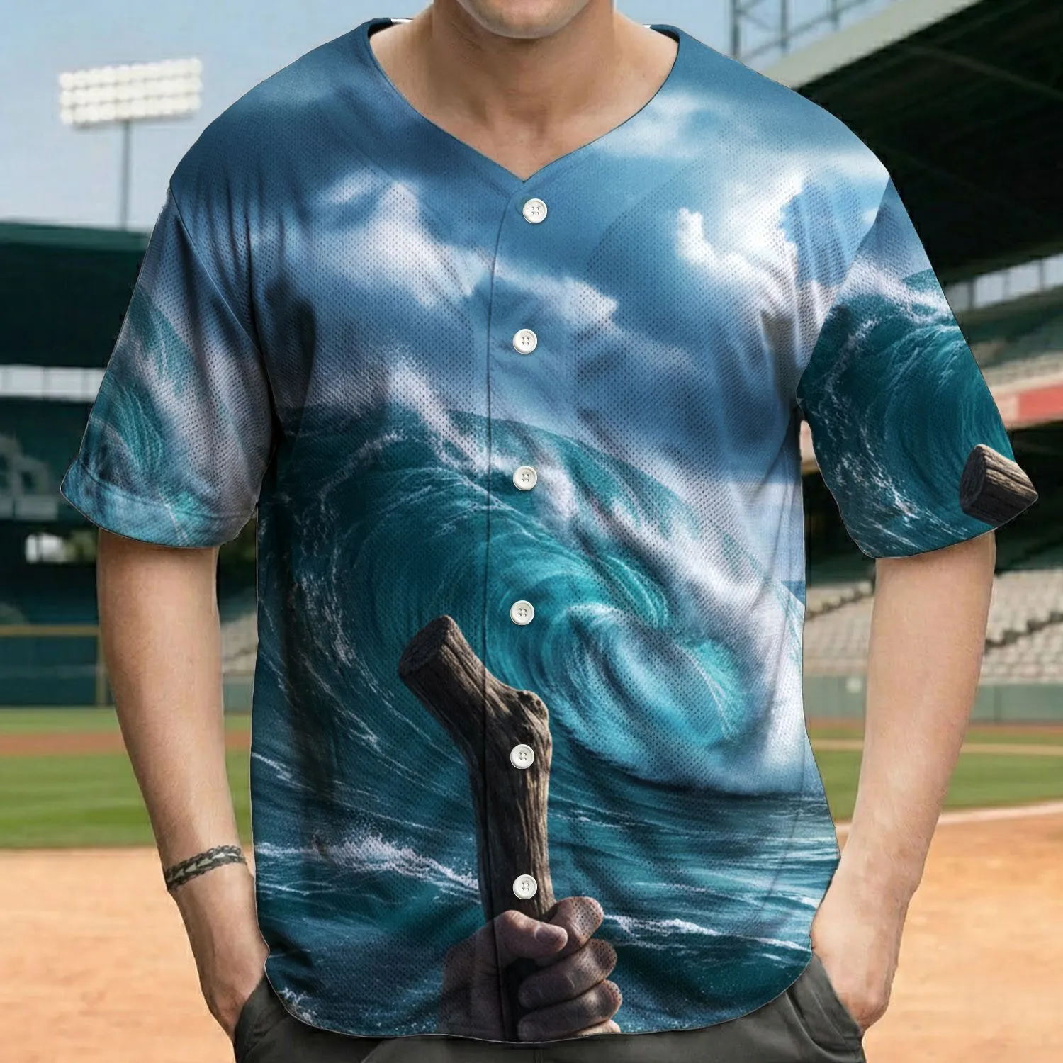 Ocean Wave Human Hand Staff - Nature Journey Gift for Ocean Explorer Baseball Jersey - 1