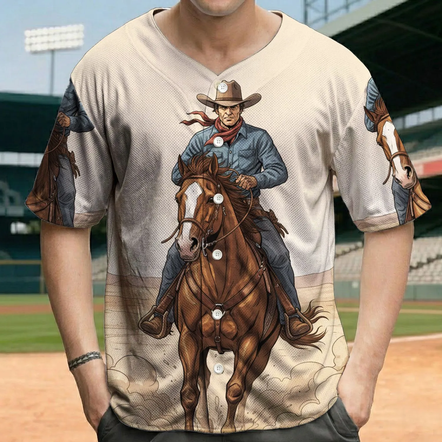 Cowboy Galloping Horse Desert Landscape with Sand and Rocky Hills - Western Lifestyle Gift Baseball Jersey - 1